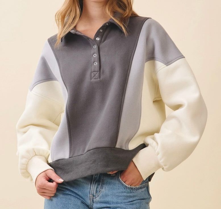 Grey Color Block Pullover Sweatshirt