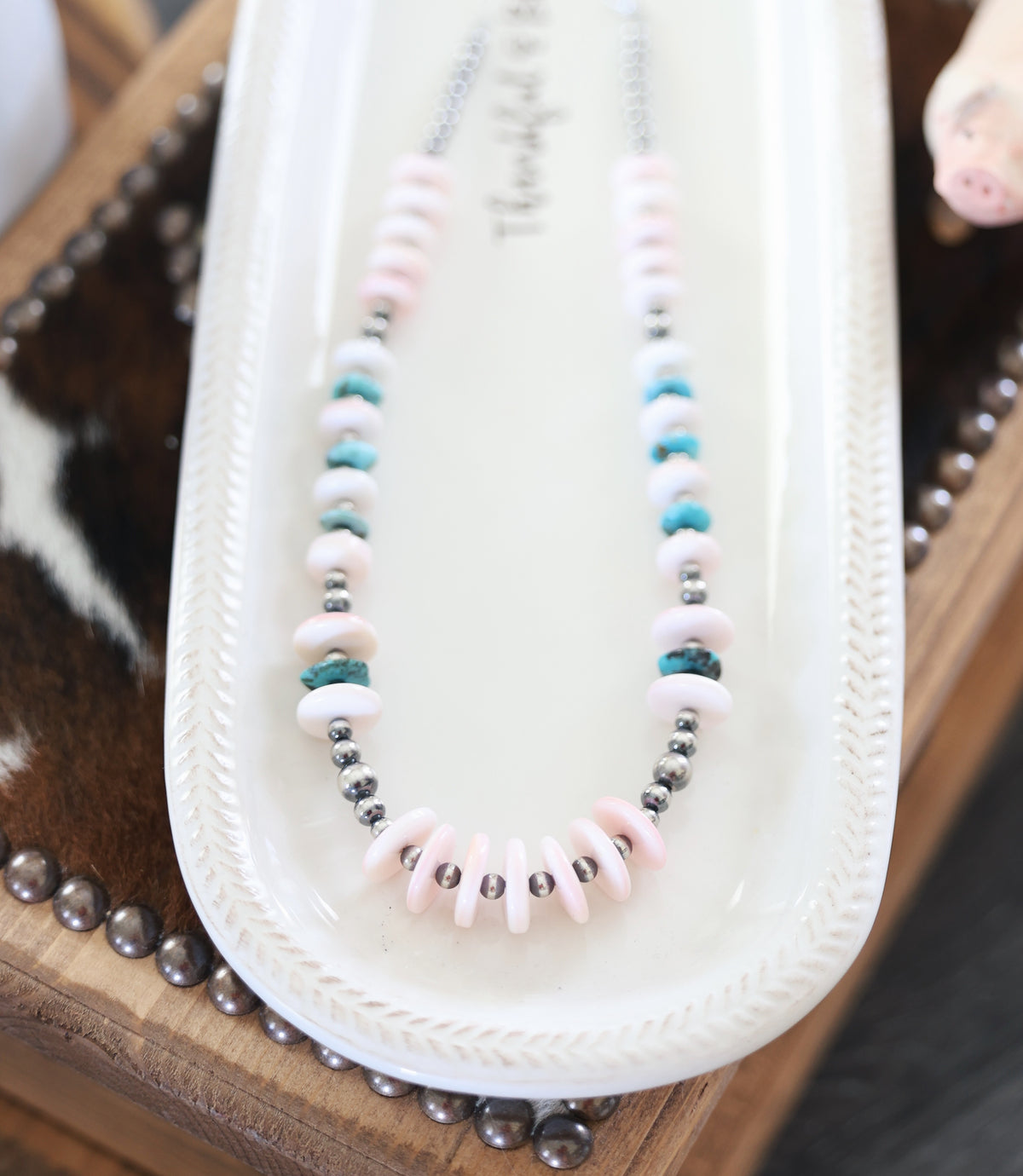 Large Turquoise, Pink Conch, & Sterling Pearl Necklace