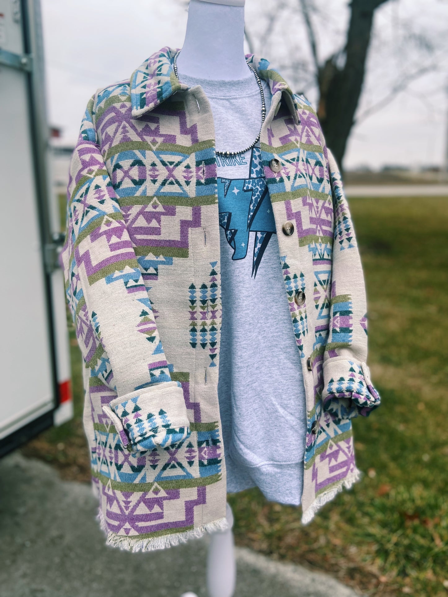 Aztec Pullover Shacket | Green, Blue, Purple