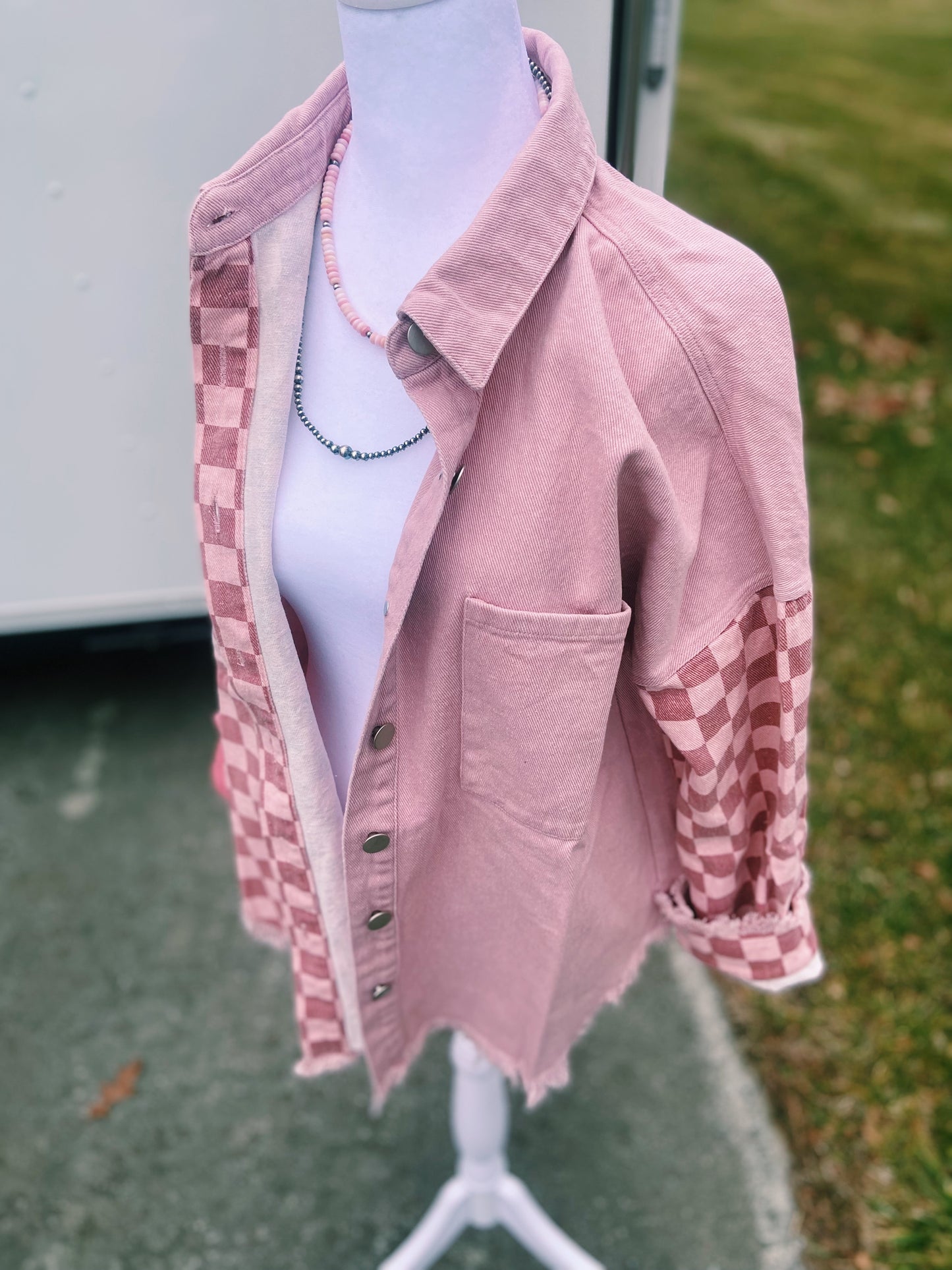 Pink Checkered Distressed Hem Jacket