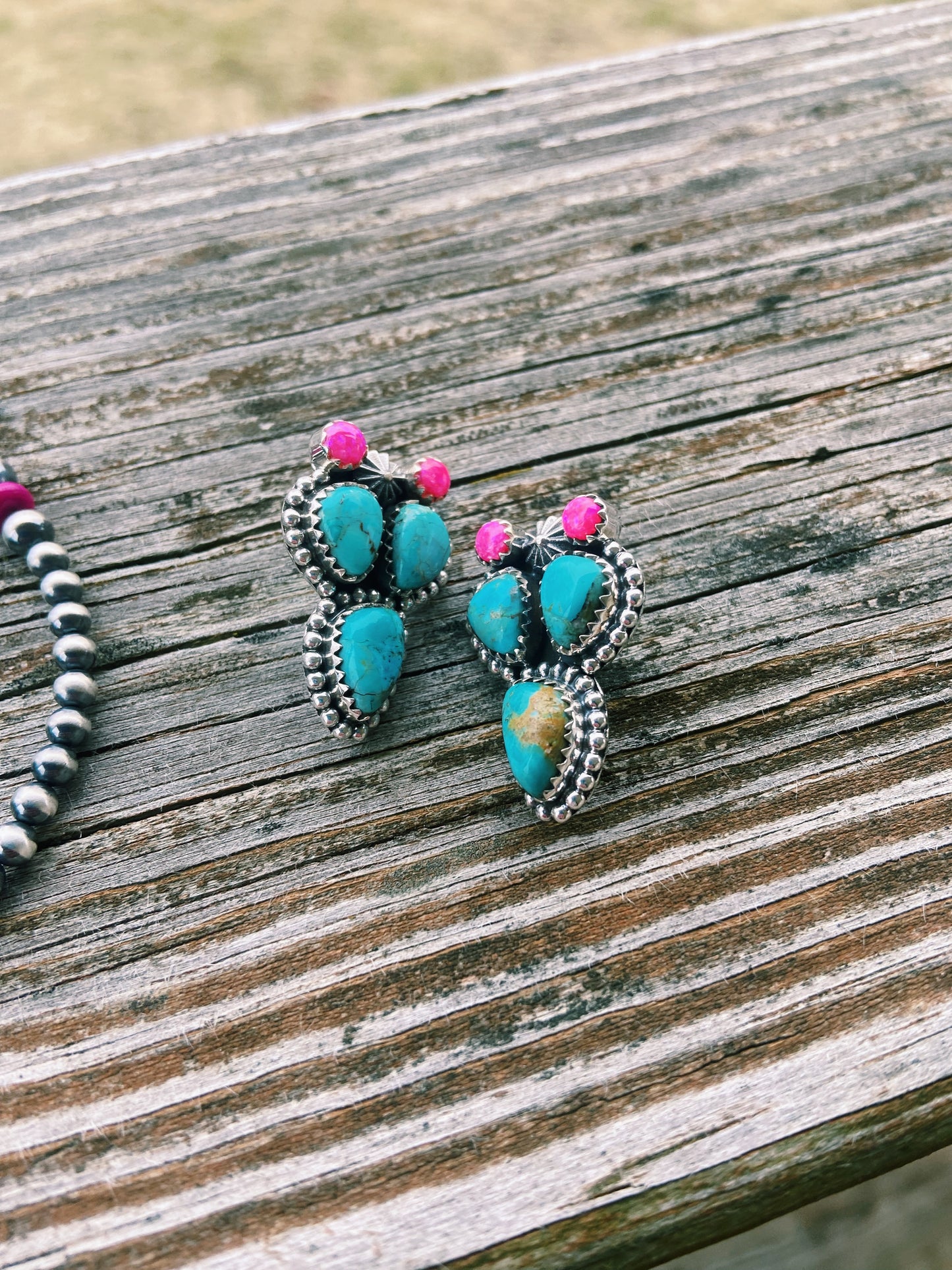 Turquoise & Hot Pink Opal Stud Earrings