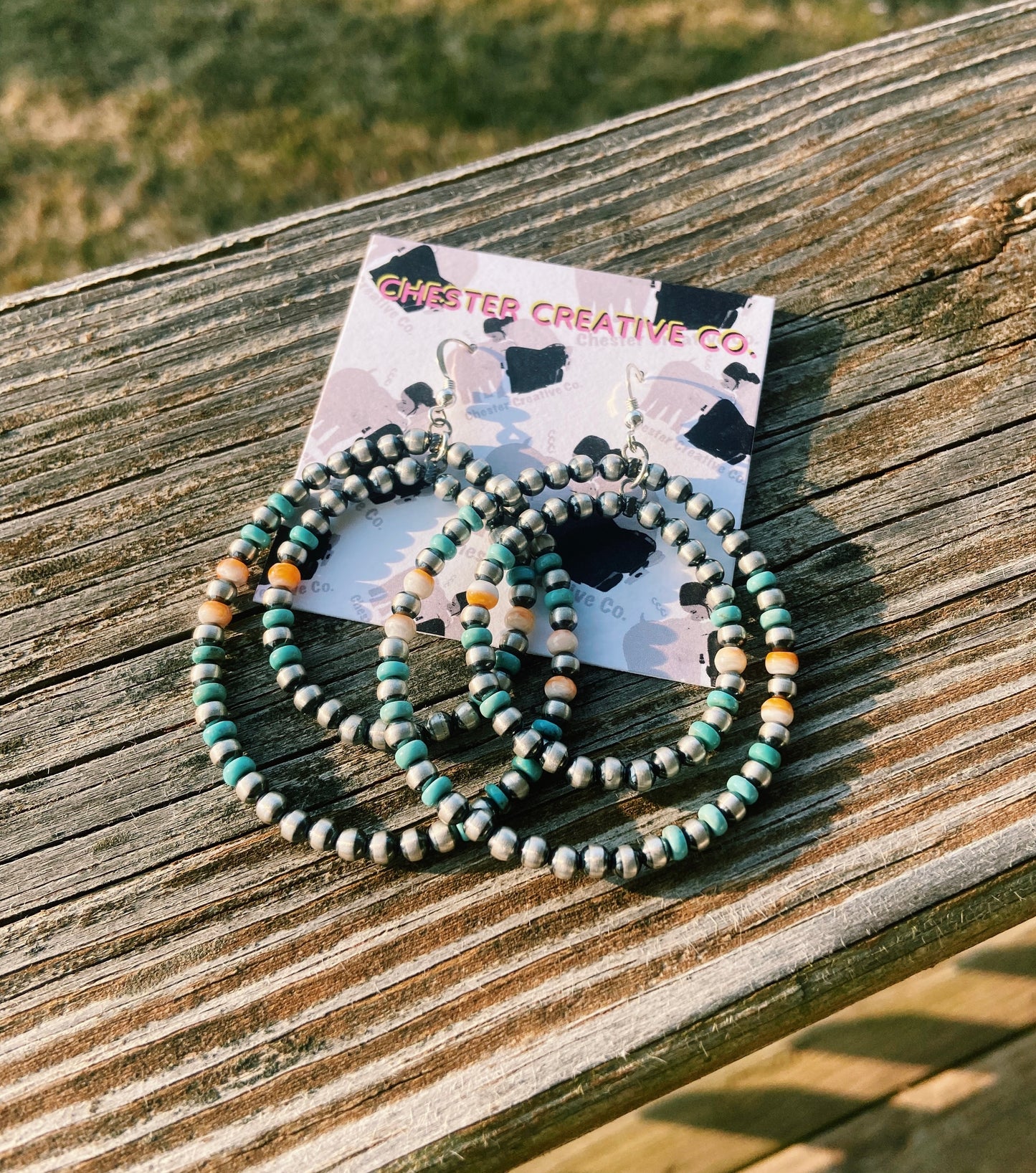 Double Hoop Real Navajo Pearl, Turquoise, & Orange Spiny Earrings