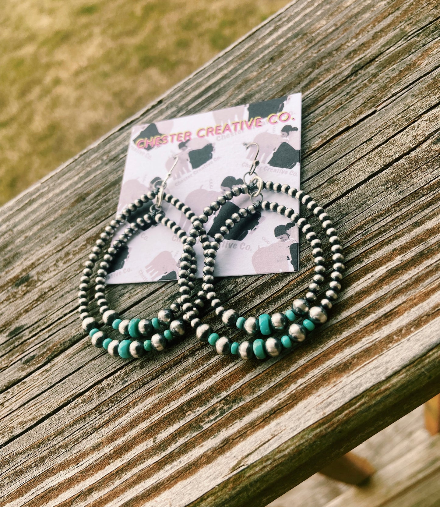 Double Hoop Real Navajo Pearl & Turquoise Earrings