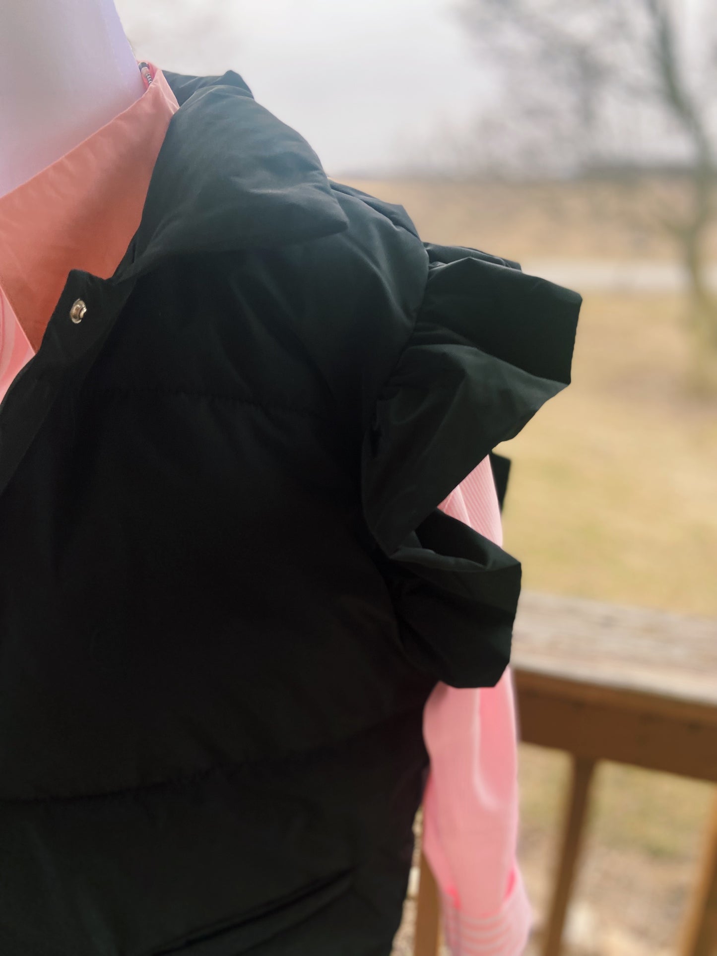 Black Ruffled Sleeved Puffer Vest