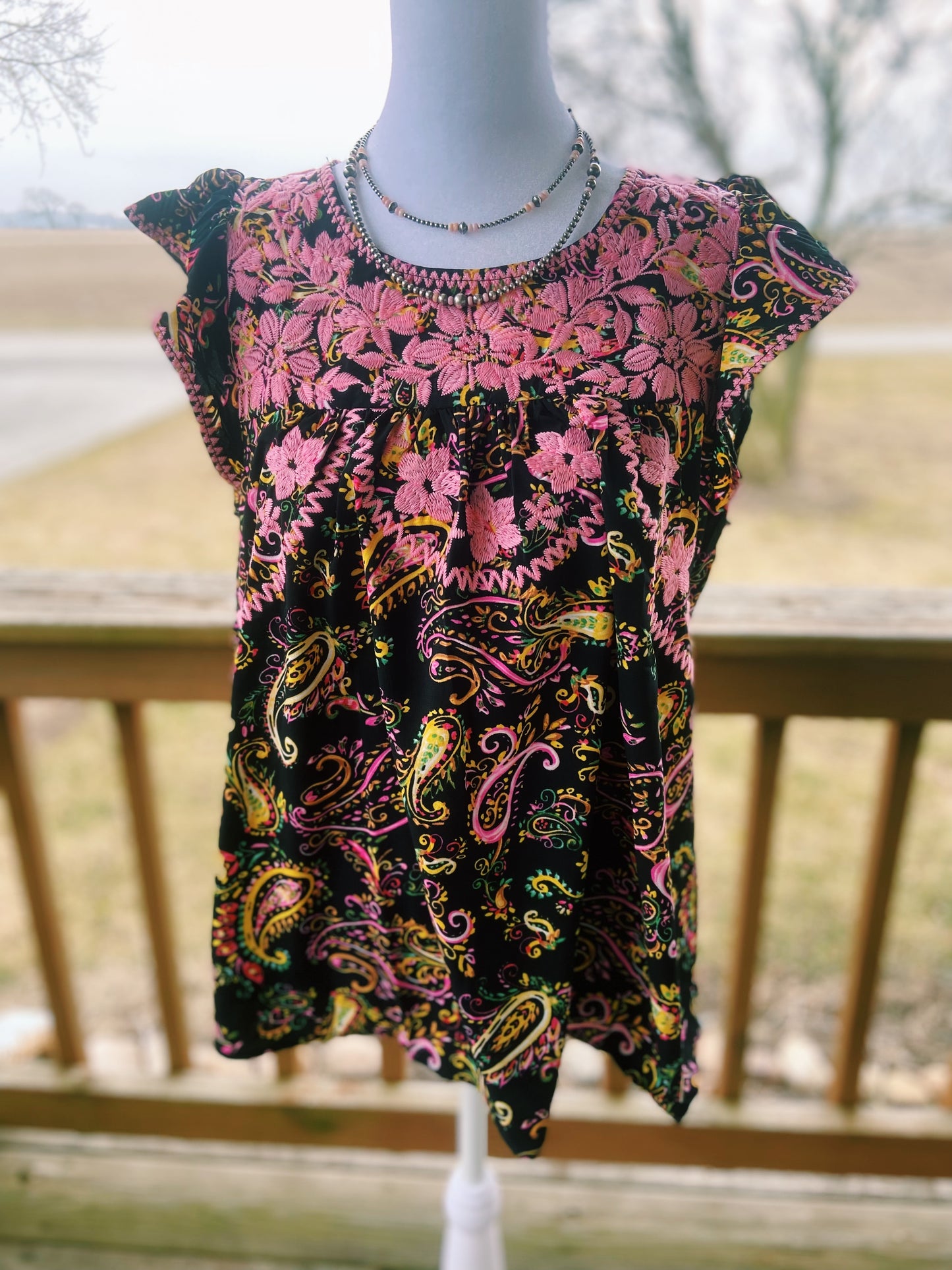 Embroidered Pink Floral + Paisley Ruffled Sleeved Top