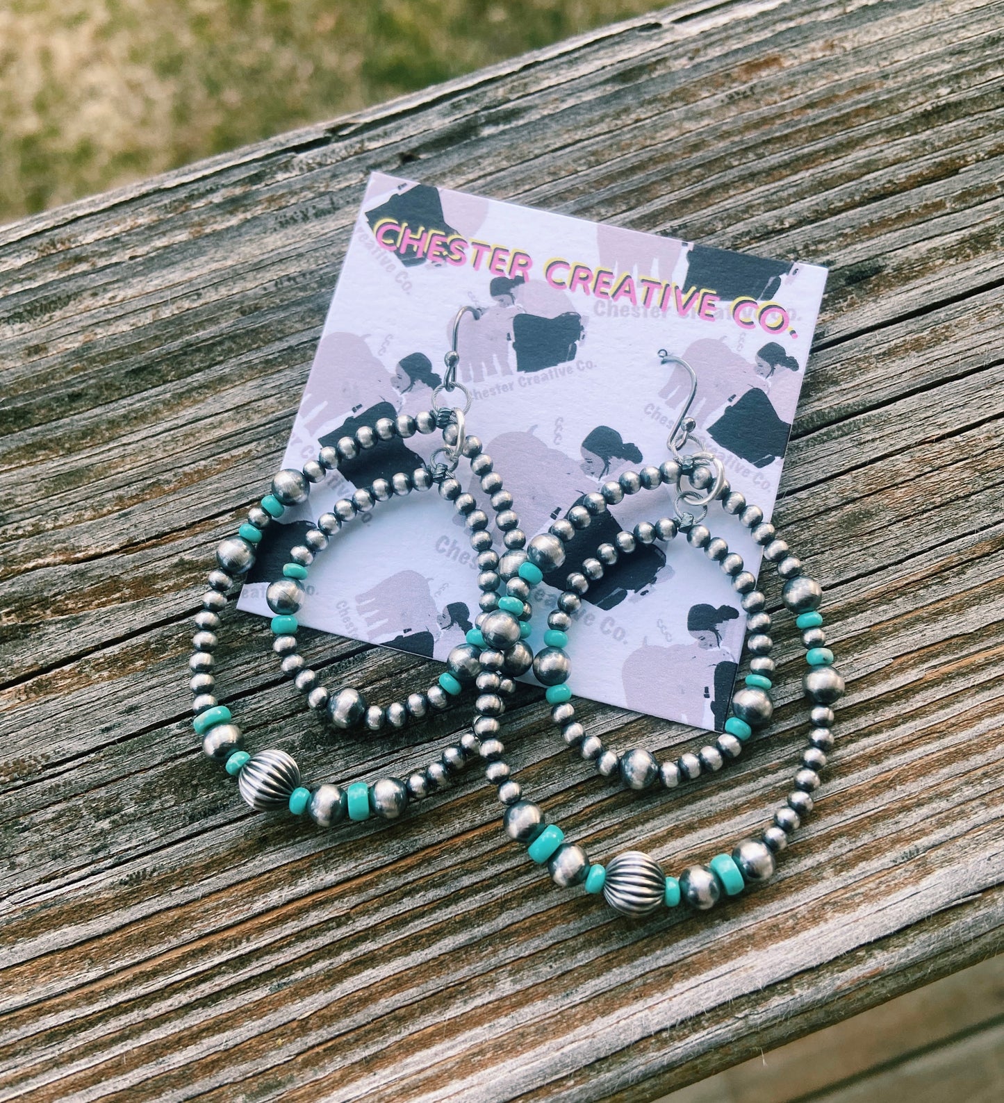 Double Hoop Real Navajo Pearl & Turquoise Earrings