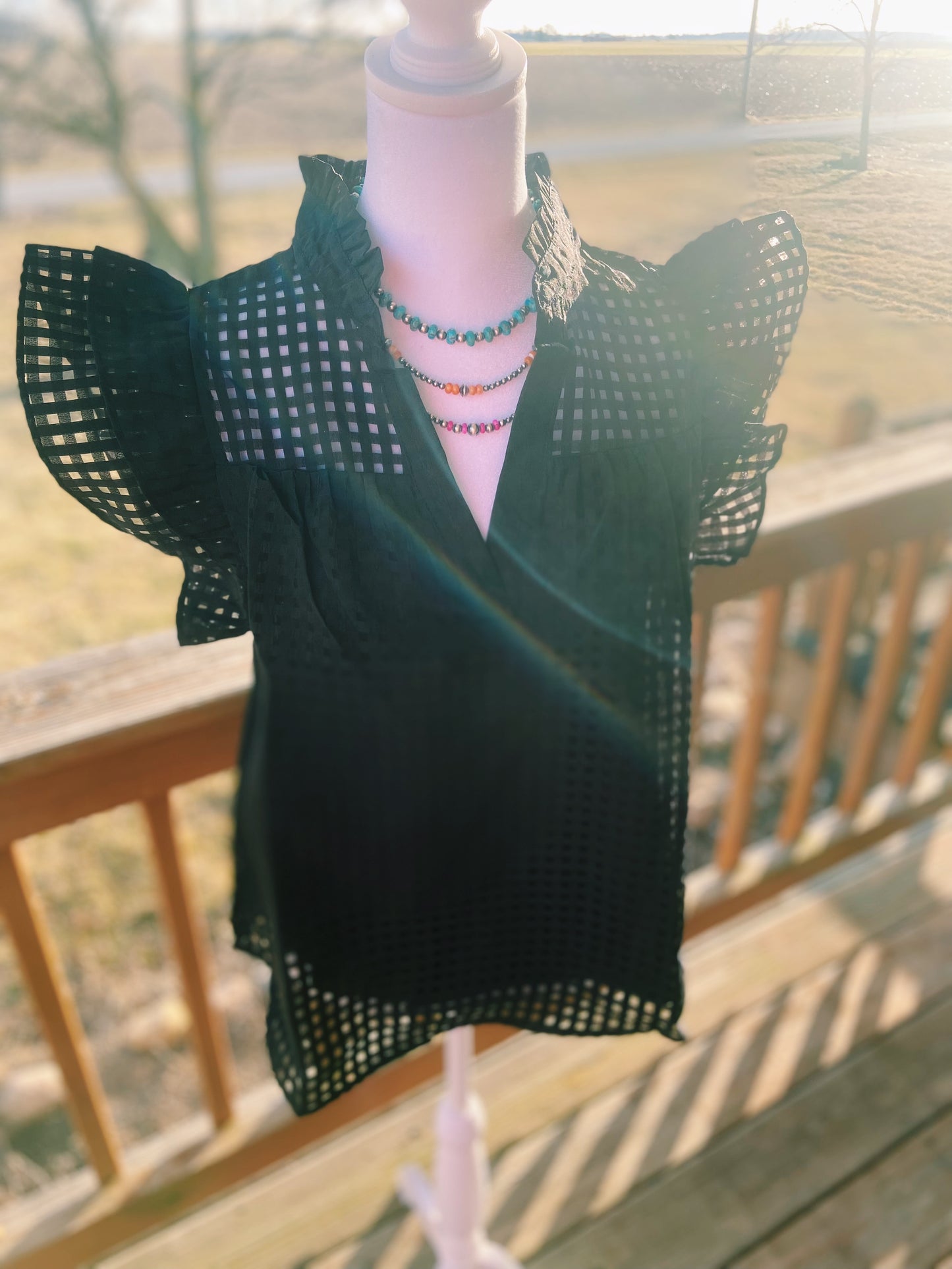 Black Grid Ruffled Sleeve Top