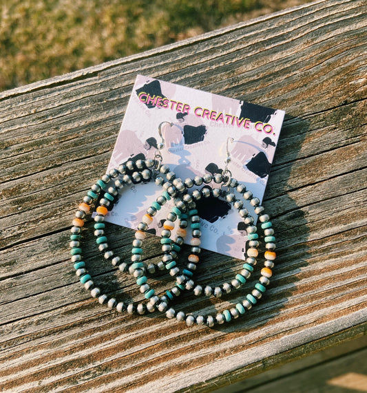 Double Hoop Real Navajo Pearl, Turquoise, & Orange Spiny Earrings