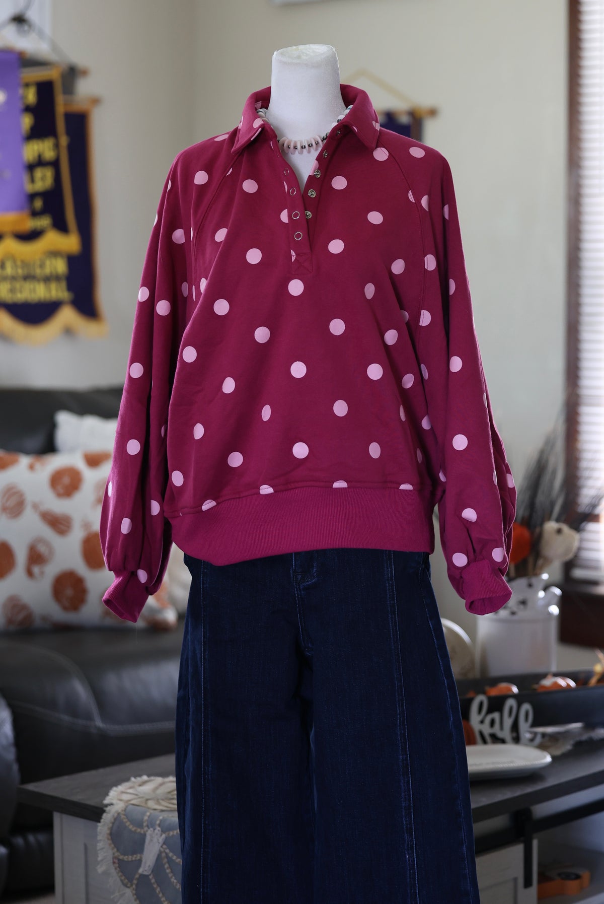 Magenta & Light Pink Polka Dot Pullover