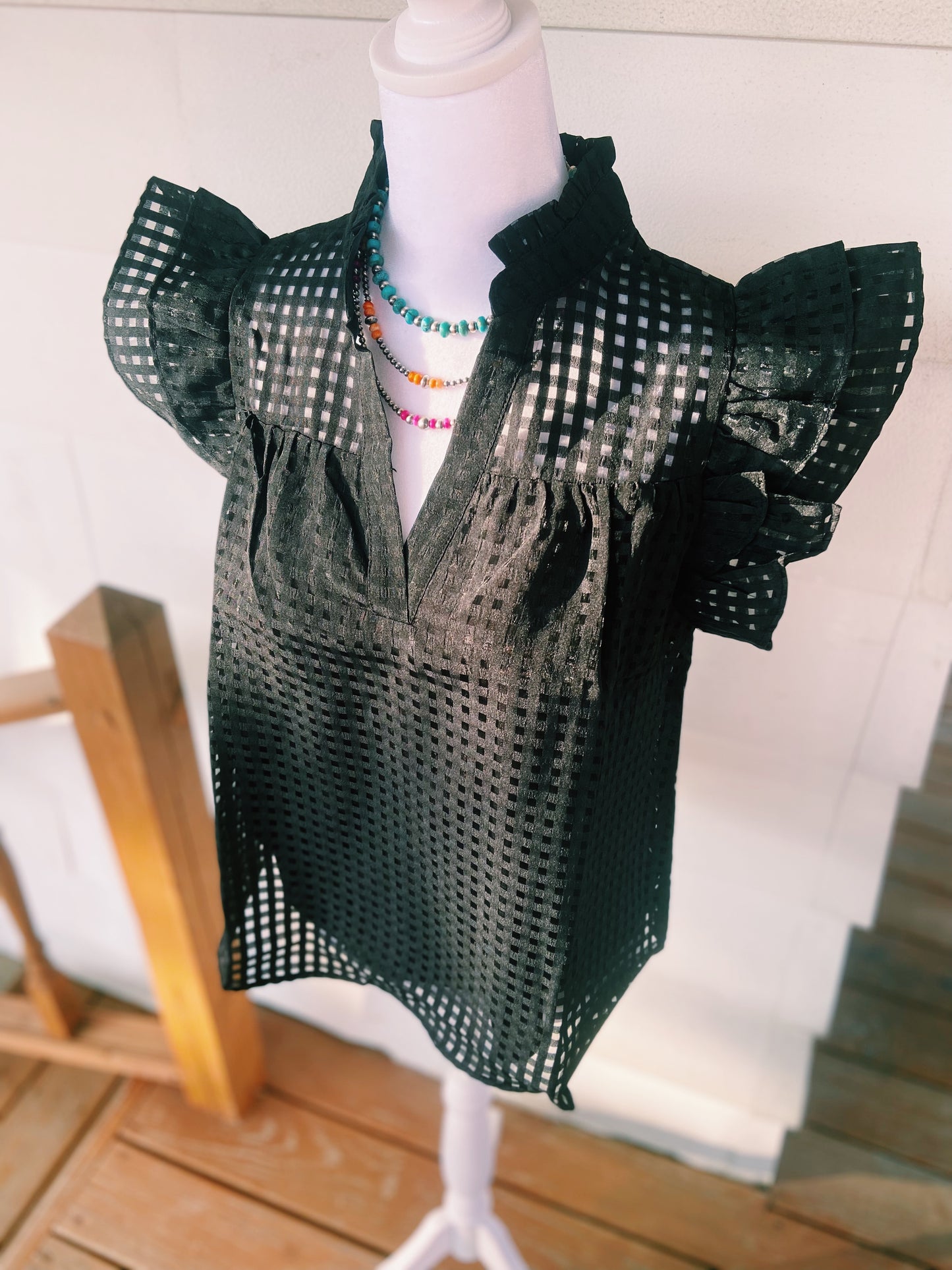 Black Grid Ruffled Sleeve Top