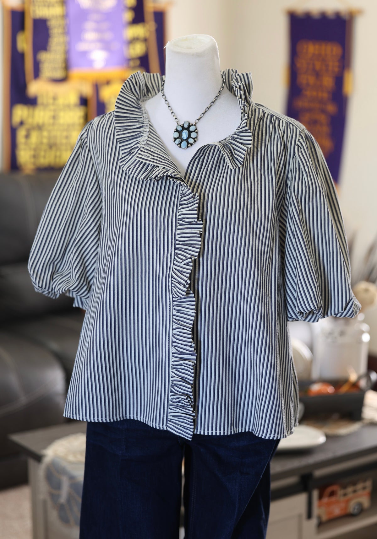 Dark Navy/Black & Grey Stripe Top