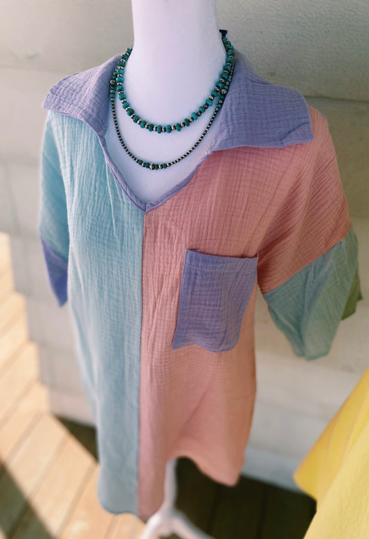 Color Block Short Sleeved Top - Pink/Color, Purple, & Teal