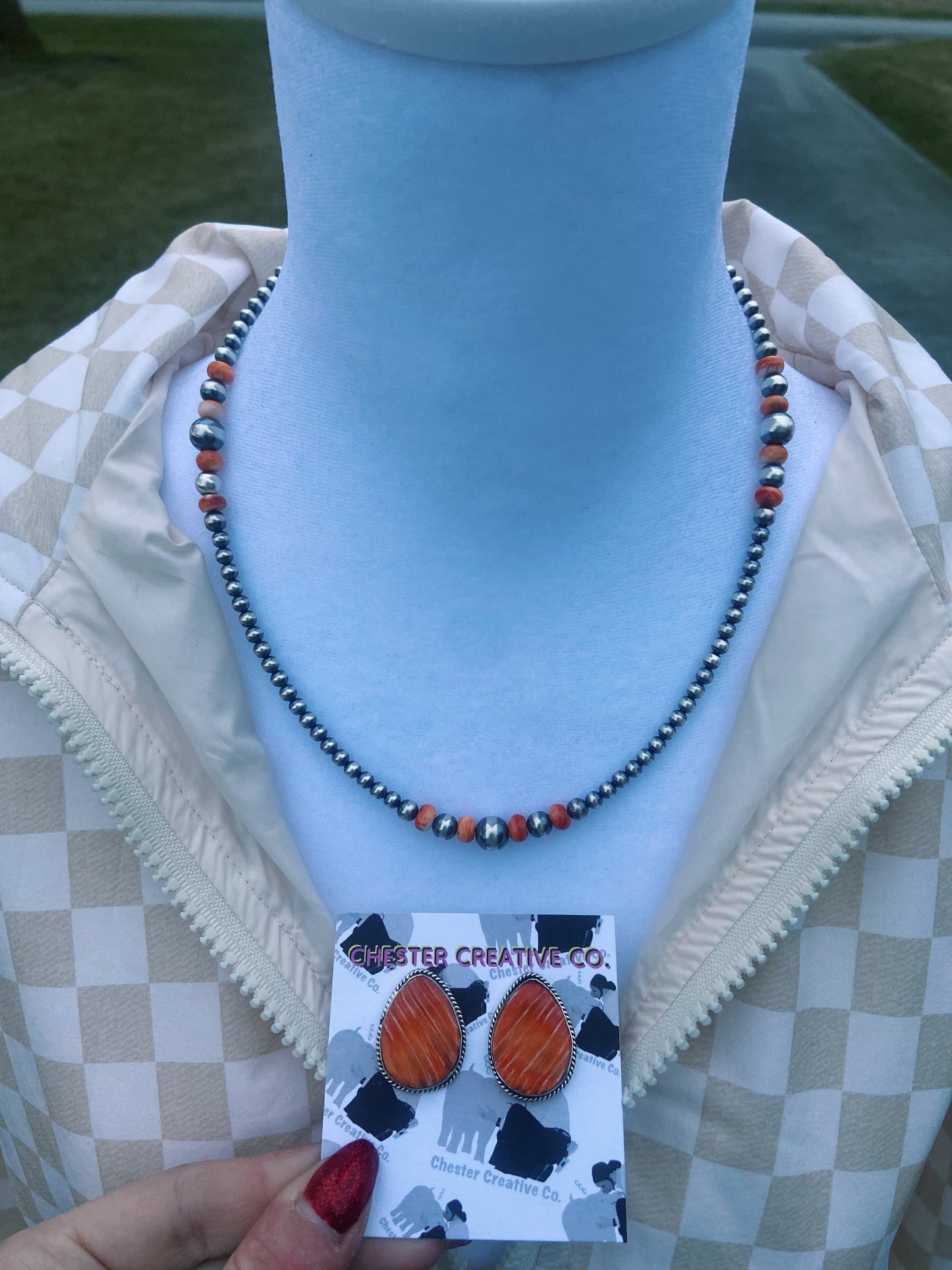 Orange Spiny & Navajo Pearl Necklace