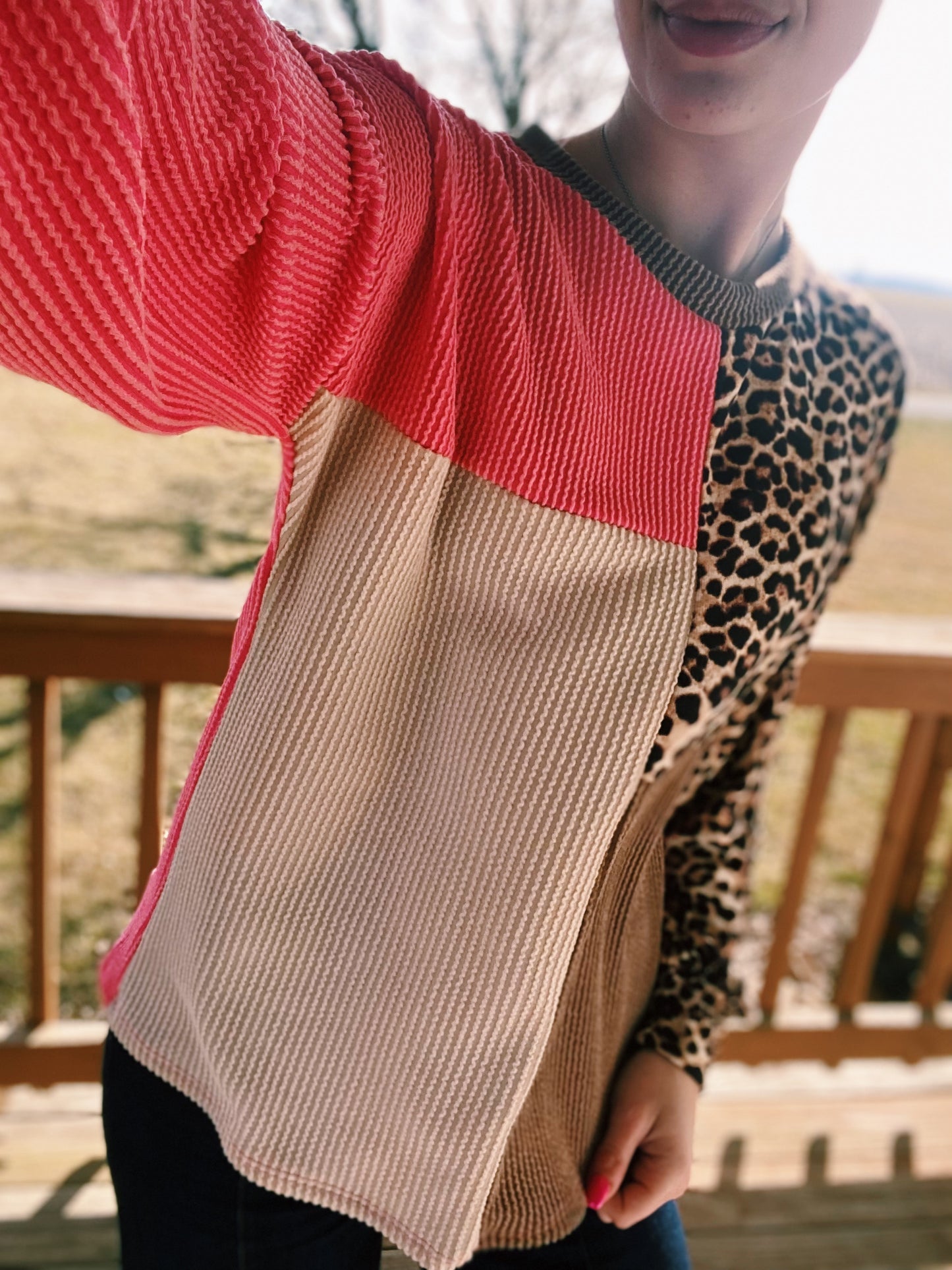 Color Block Long Sleeved Basic Top - Pink, Cheetah, Brown