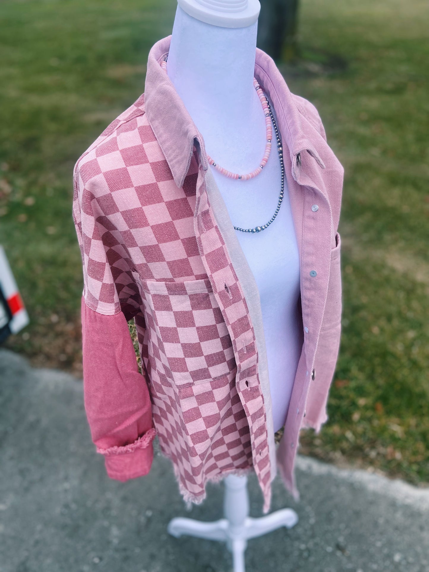 Pink Checkered Distressed Hem Jacket