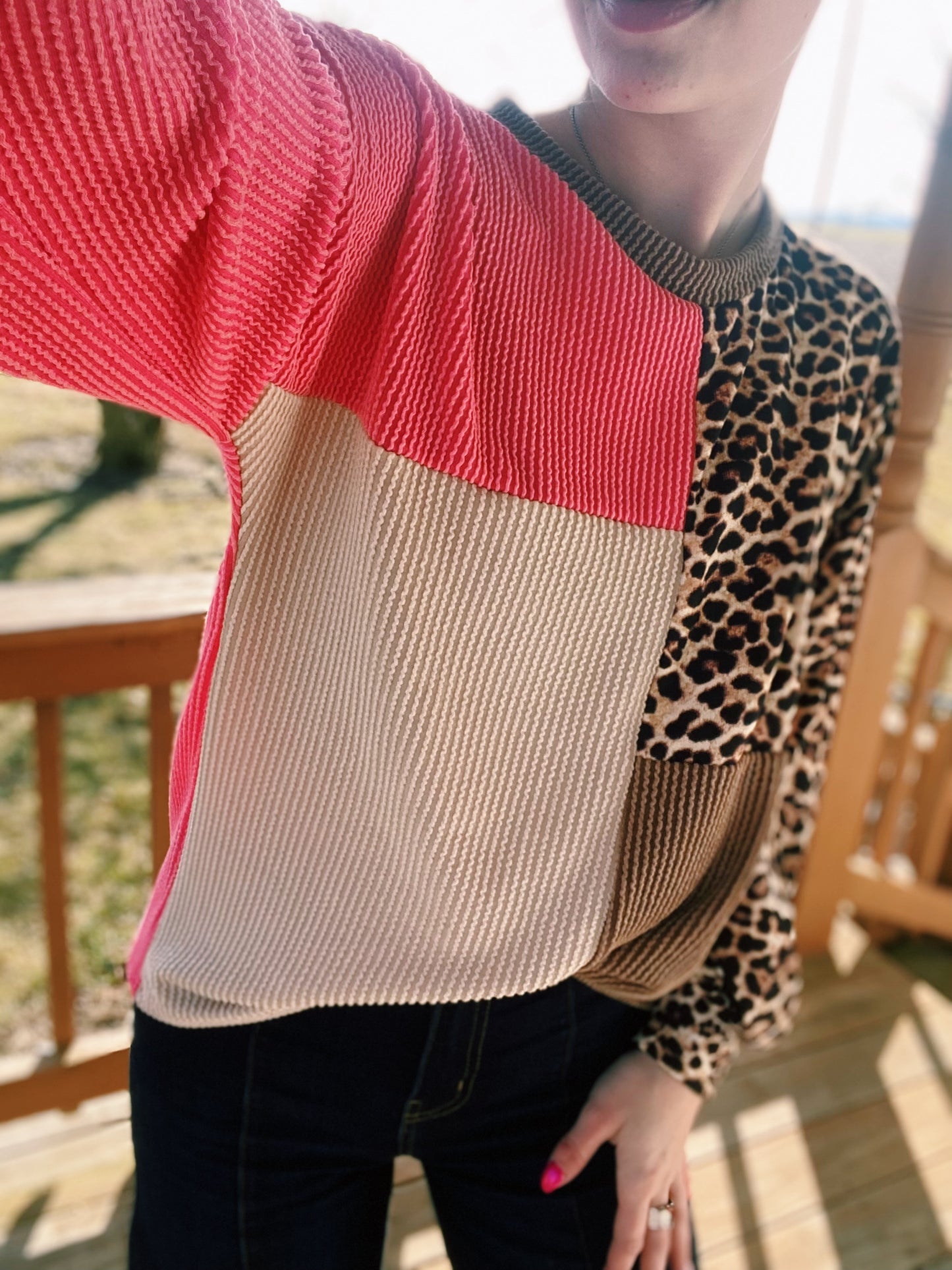 Color Block Long Sleeved Basic Top - Pink, Cheetah, Brown