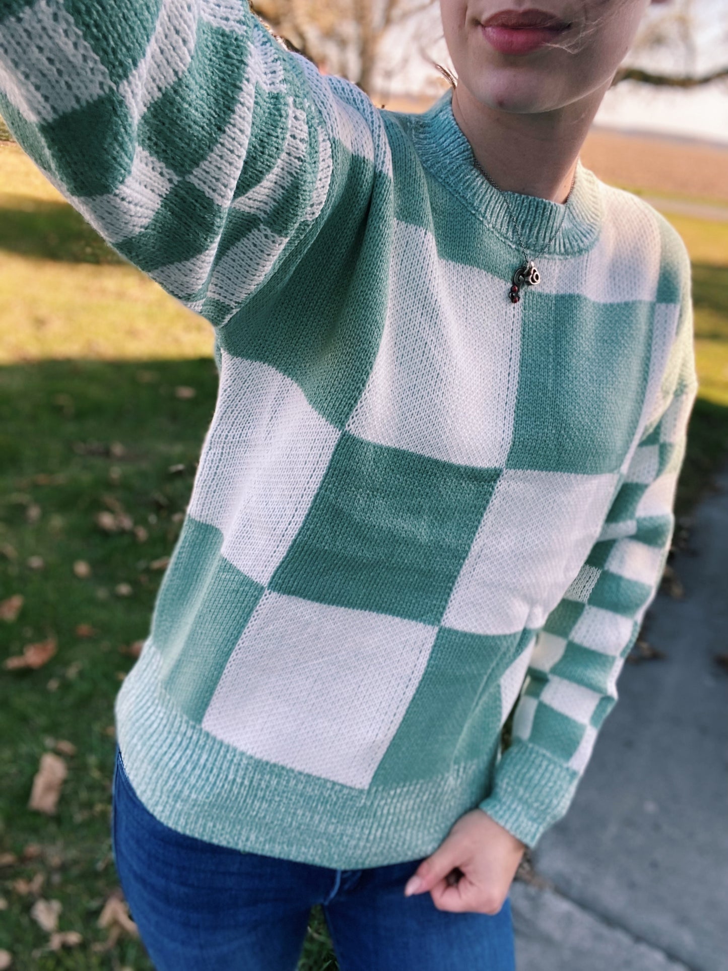 Checkerboard Mint Green Sweater