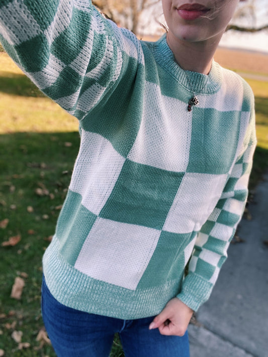 Checkerboard Mint Green Sweater