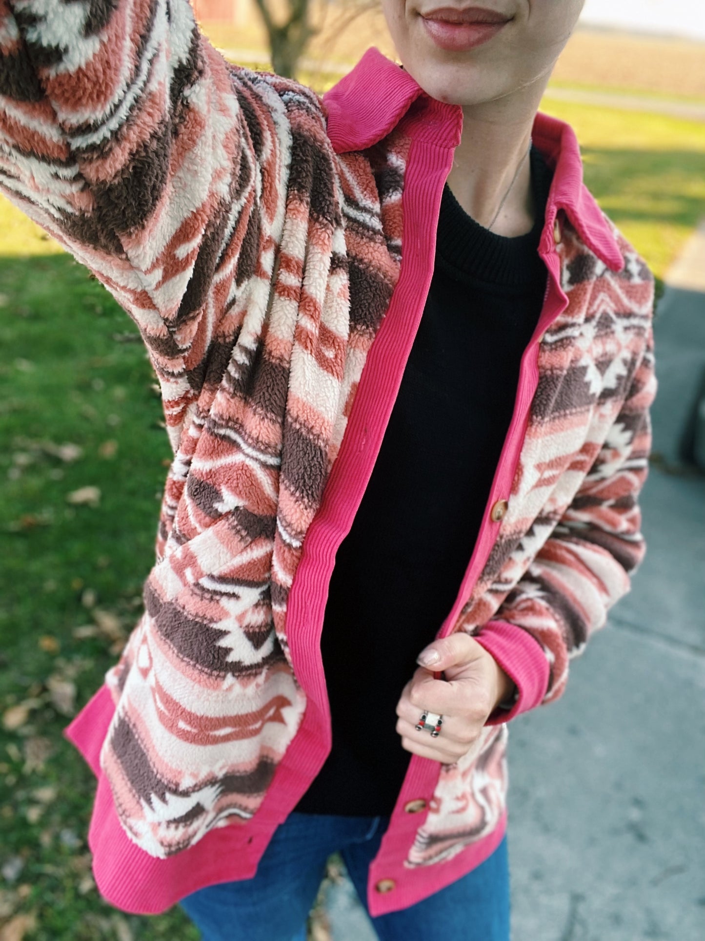 Fuzzy Aztec Jacket - Pink / White / Brown