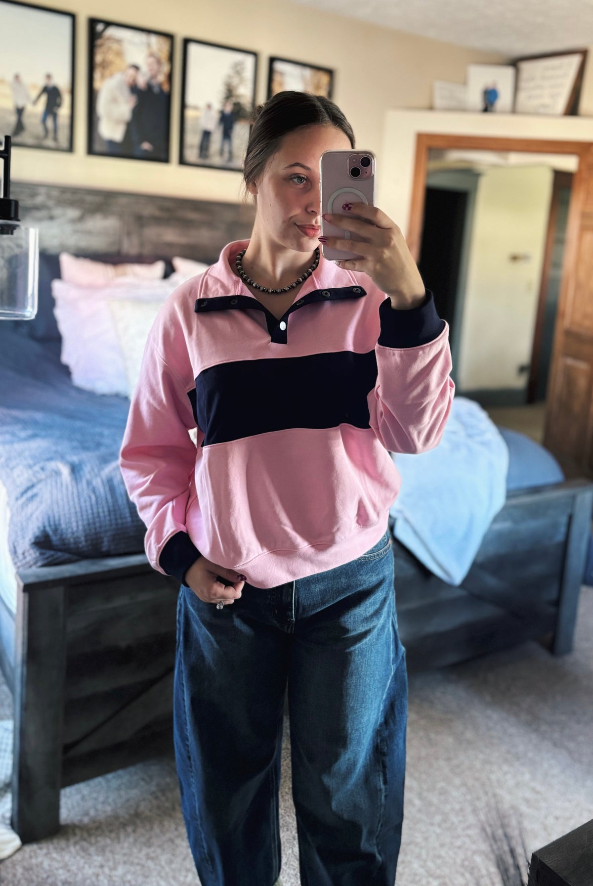 Baby Pink & Navy Colorblock Pullover