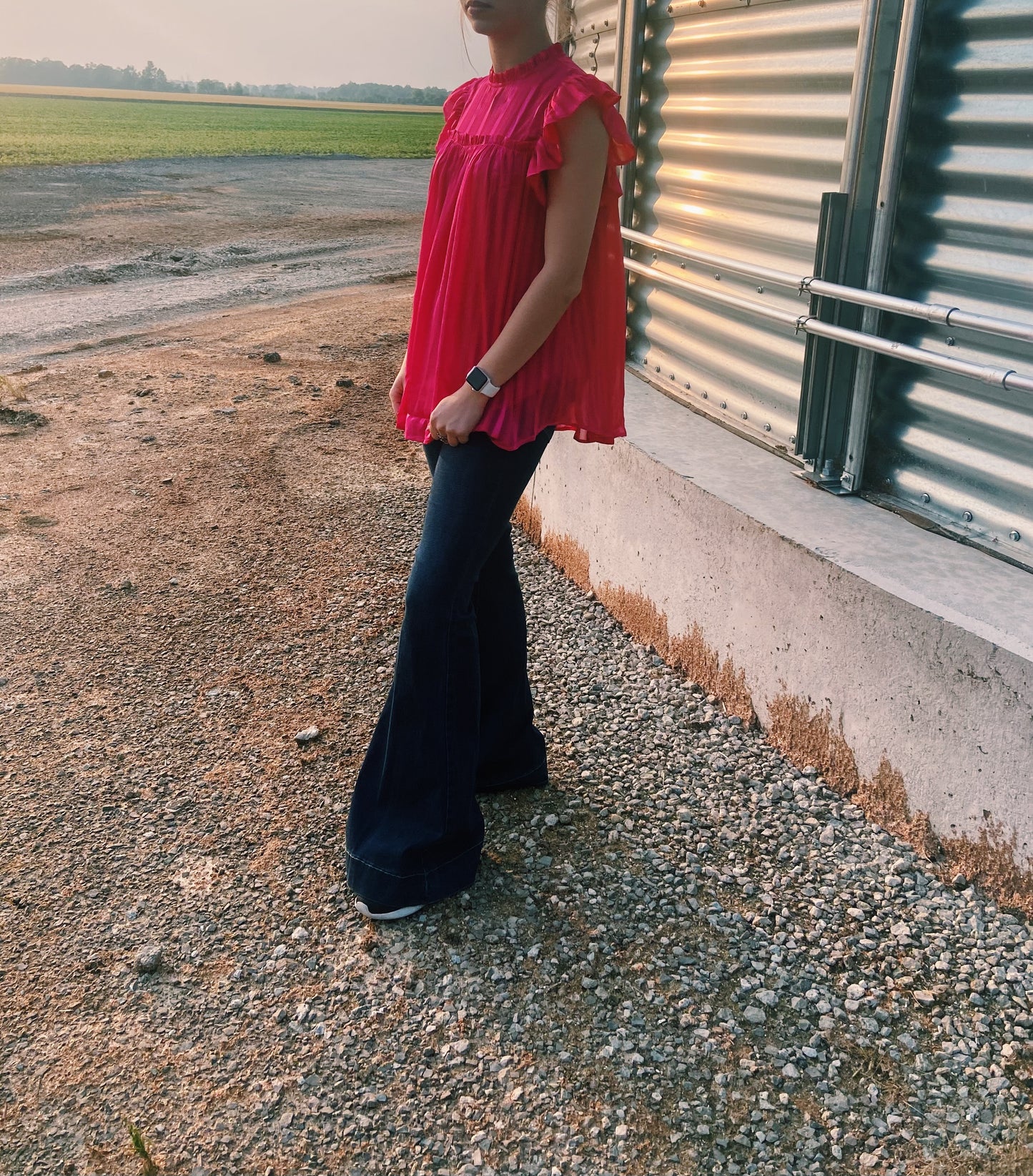 Hot Pink Striped Ruffled Sleeve Top