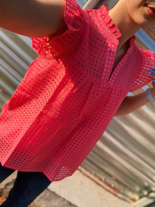 Pink Grid Ruffled Top