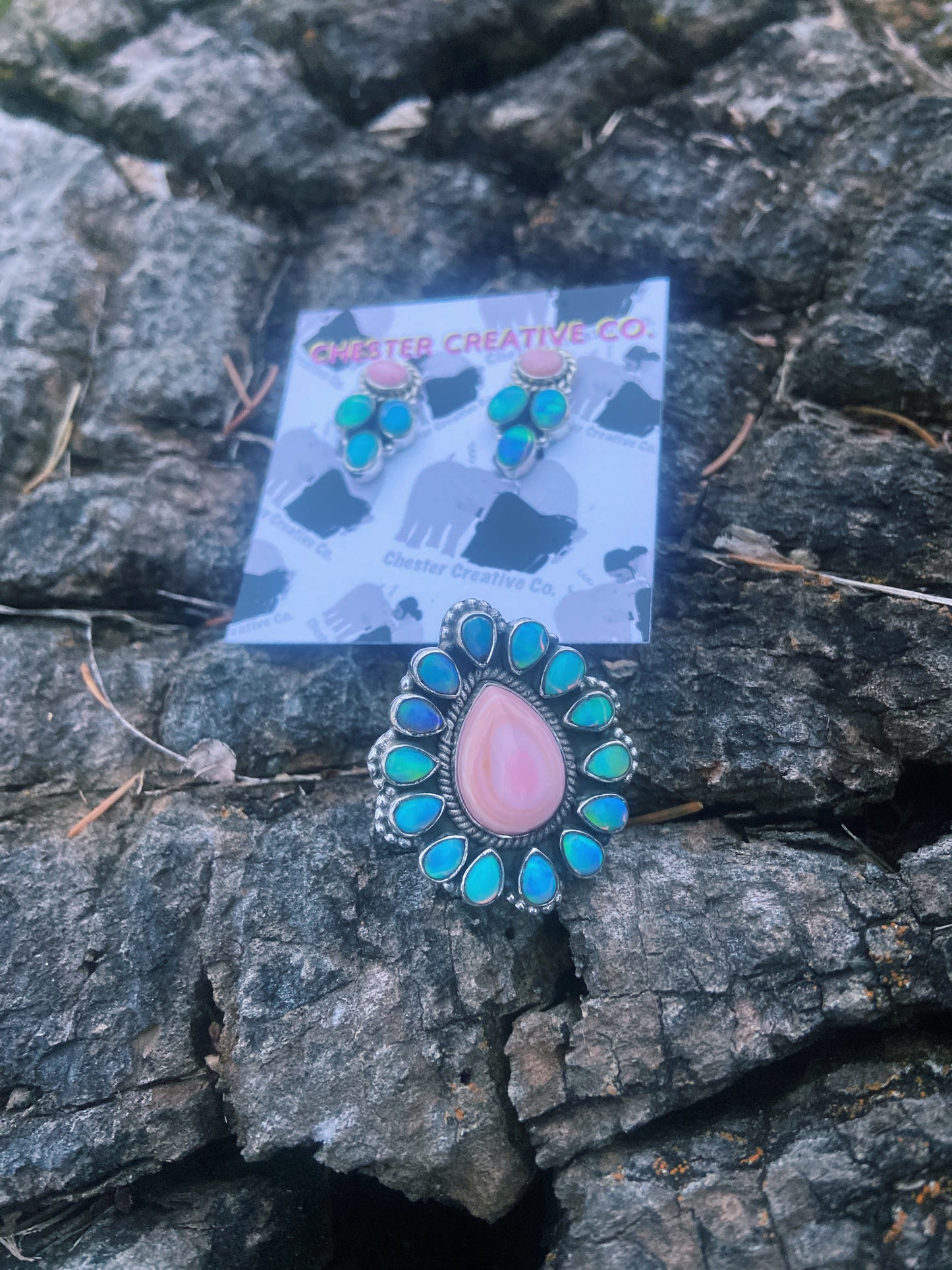 Pink Conch & Opal Adjustable Ring