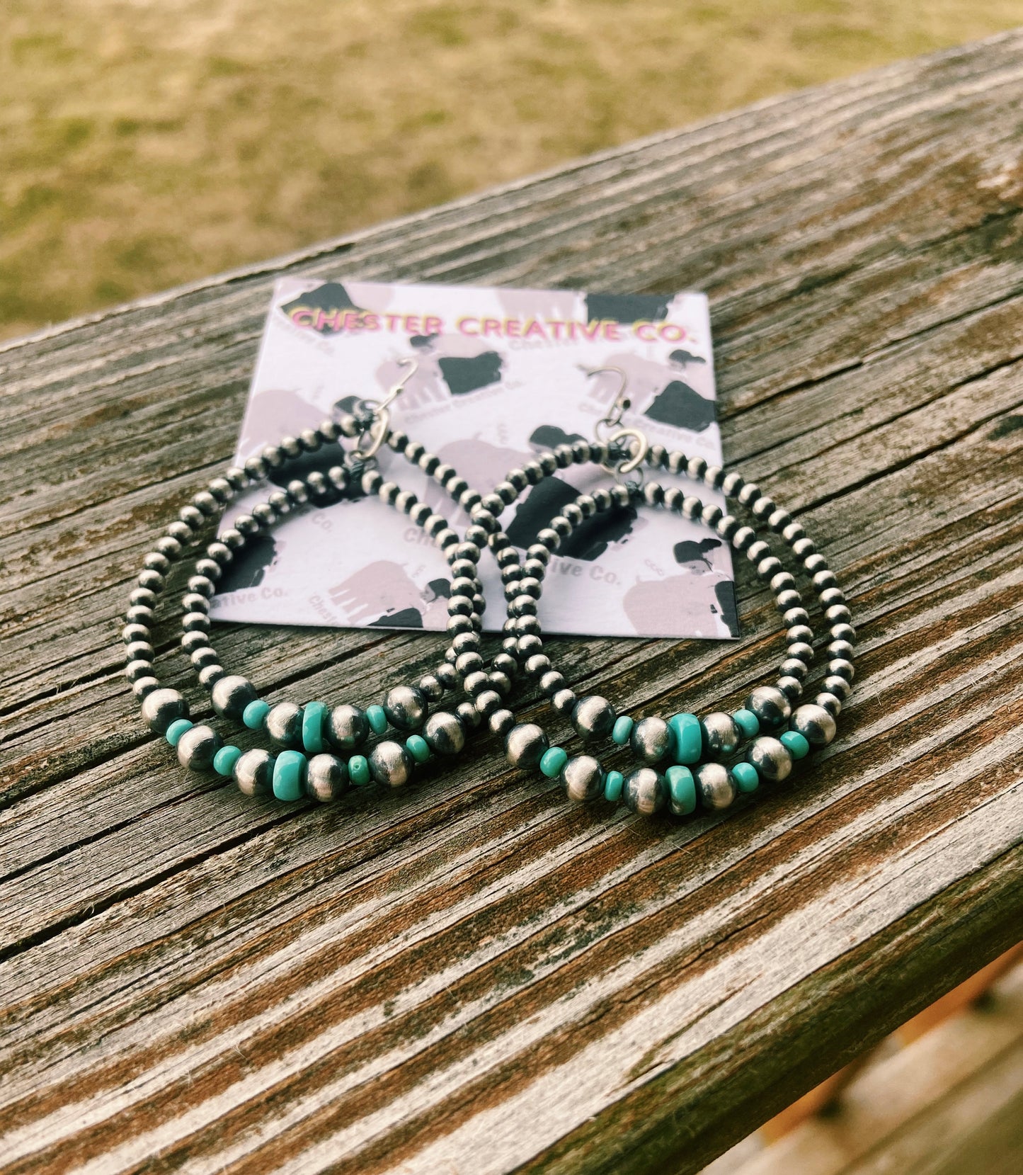 Double Hoop Real Navajo Pearl & Turquoise Earrings