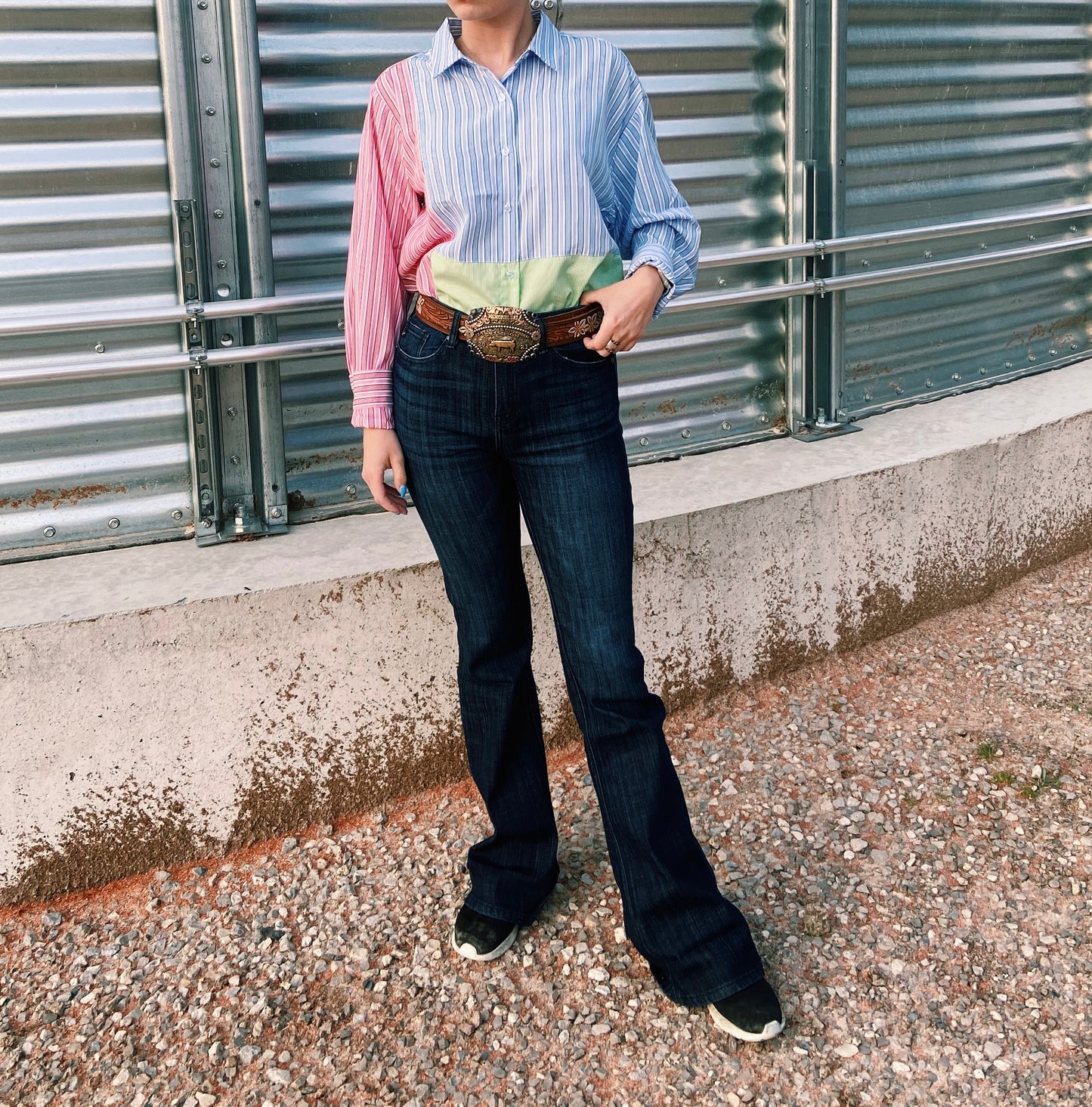 Multi Color Block Striped Stock Show Shirt - Green/Blue/Pink