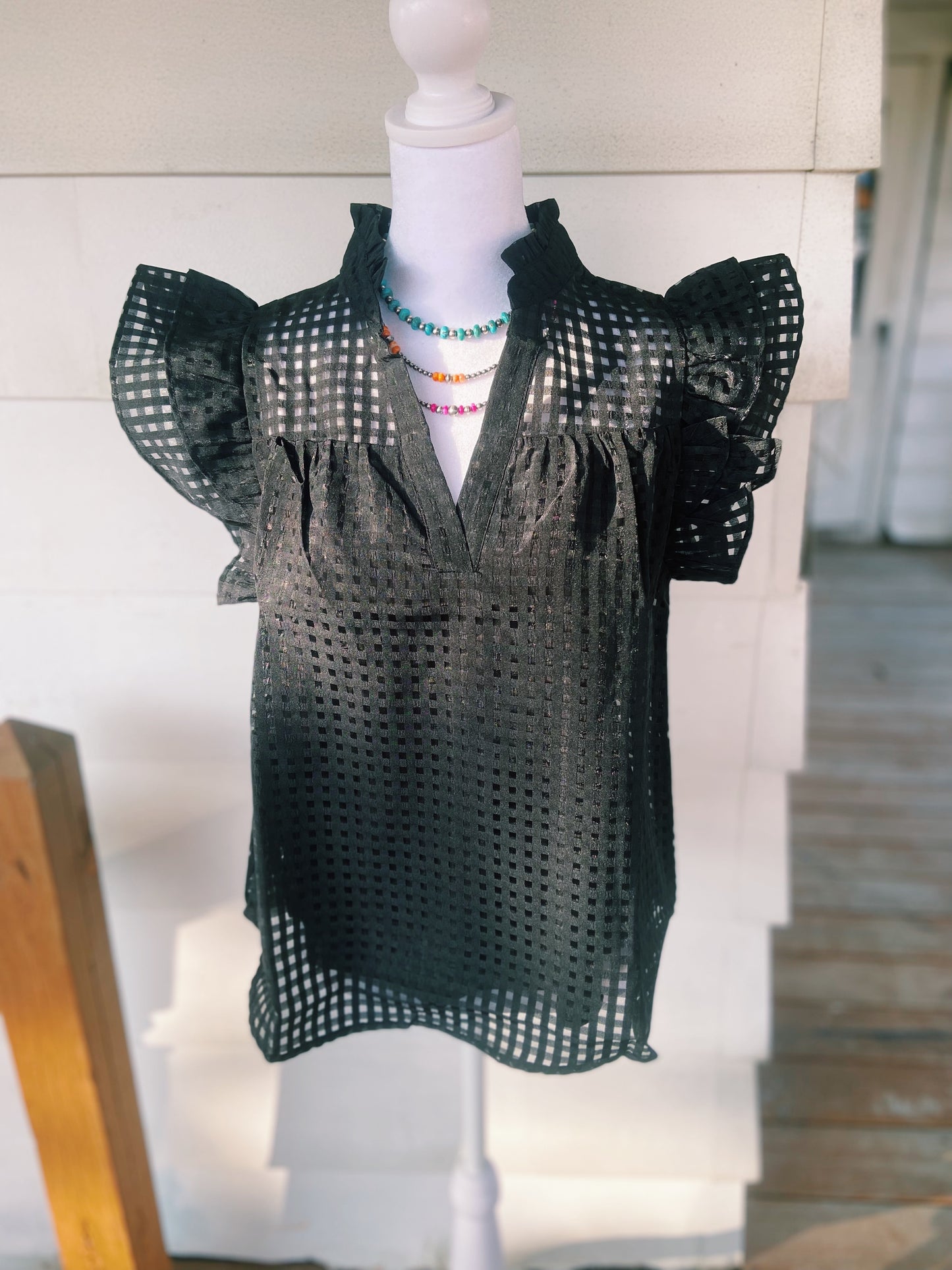 Black Grid Ruffled Sleeve Top