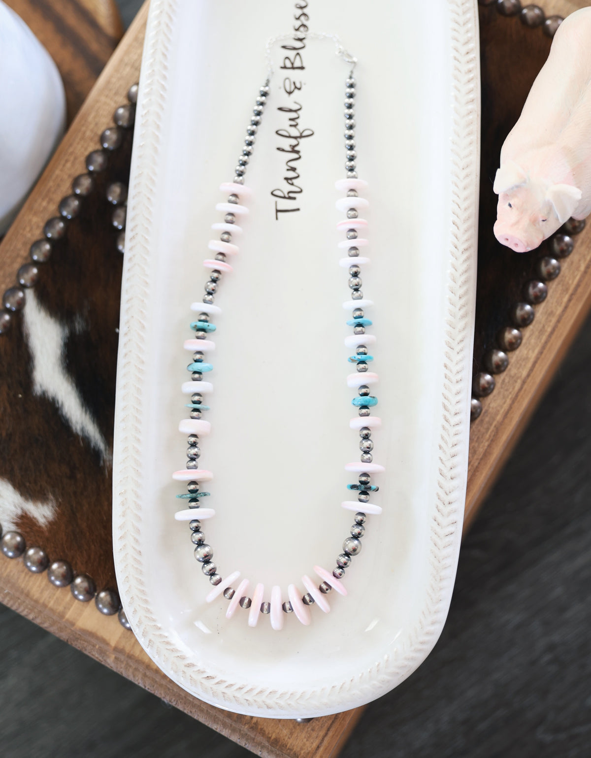 Large Turquoise, Pink Conch, & Sterling Pearl Necklace
