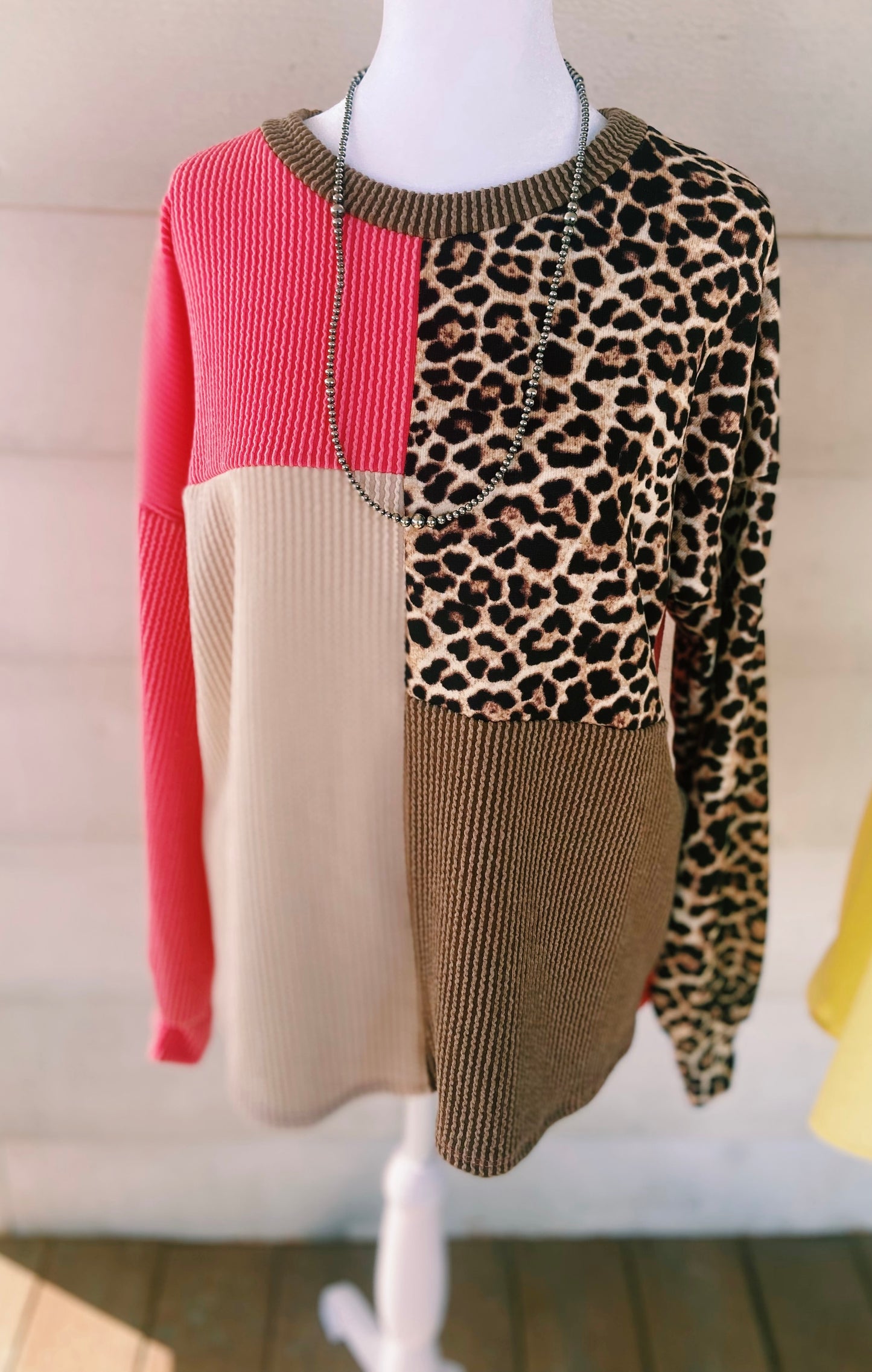 Color Block Long Sleeved Basic Top - Pink, Cheetah, Brown