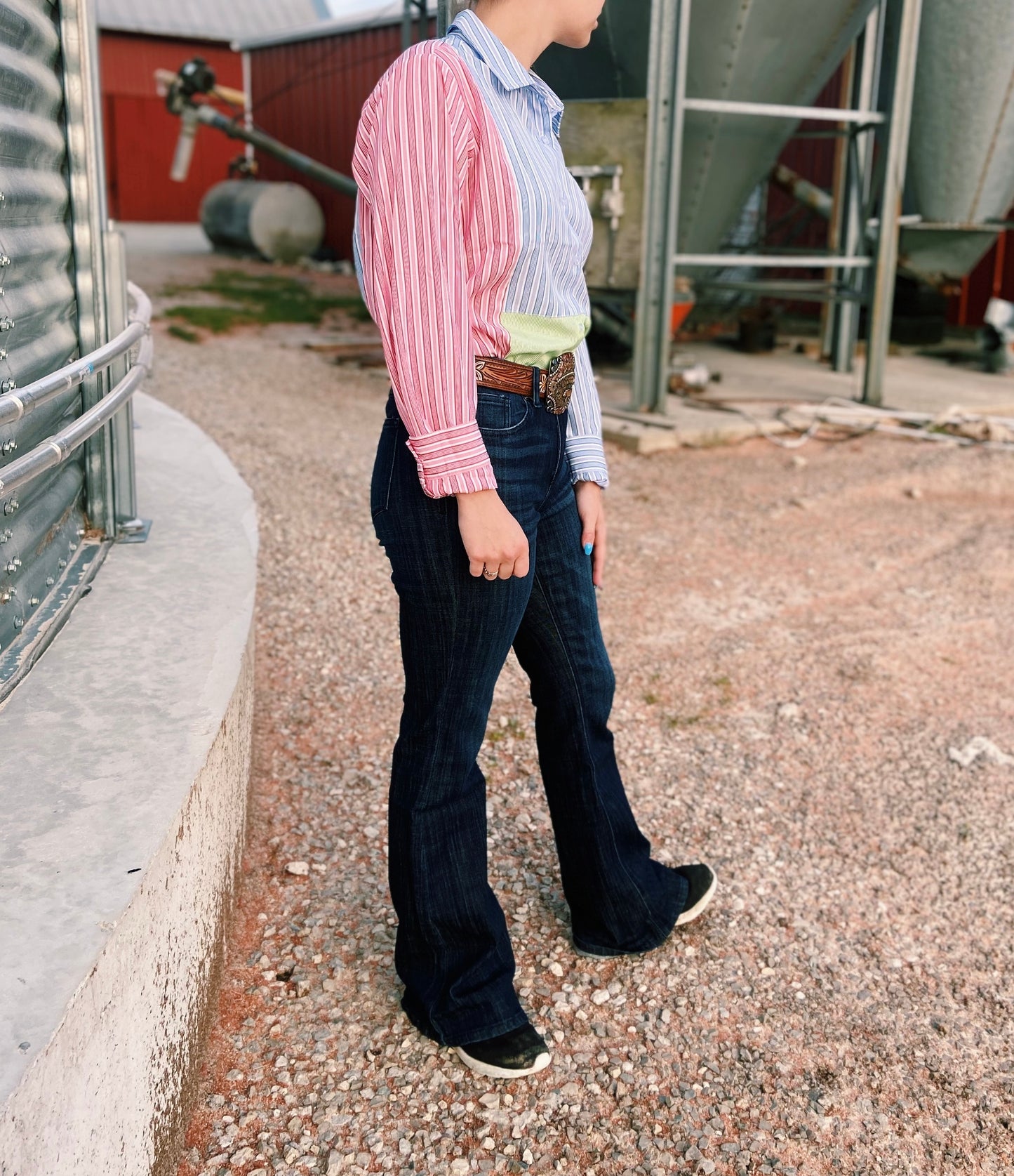 Multi Color Block Striped Stock Show Shirt - Green/Blue/Pink