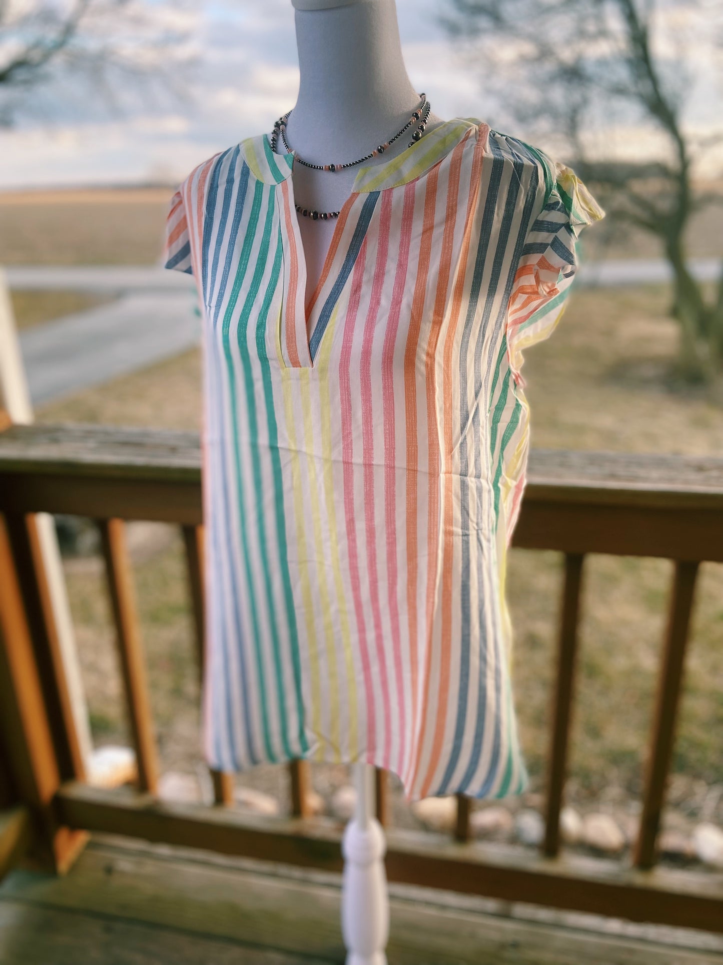 Pastel Striped Ruffled Sleeved Top