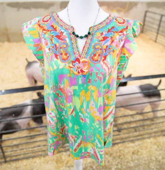 Green/Teal Embroidered Floral & Paisley Ruffled Sleeve Top
