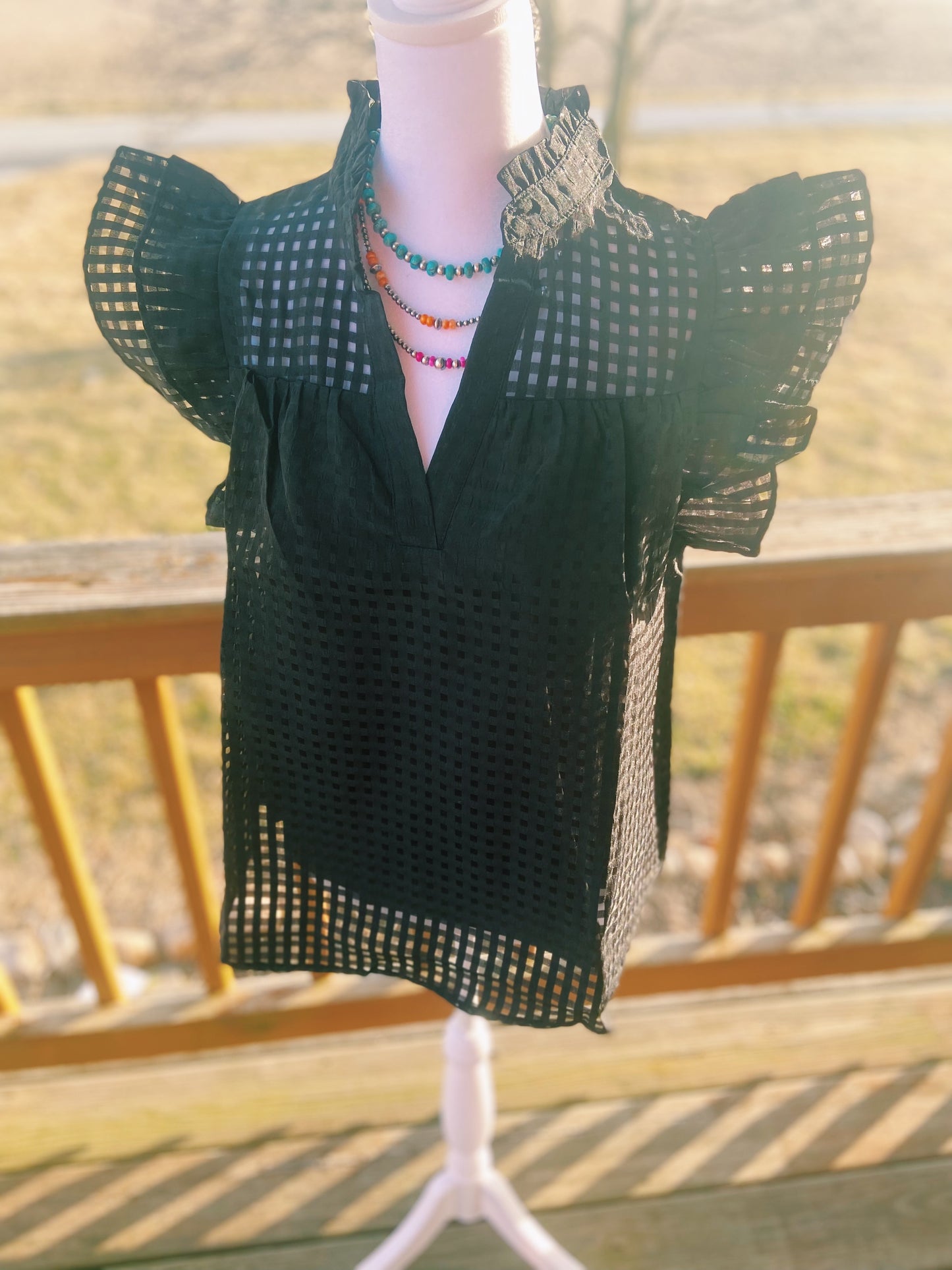 Black Grid Ruffled Sleeve Top