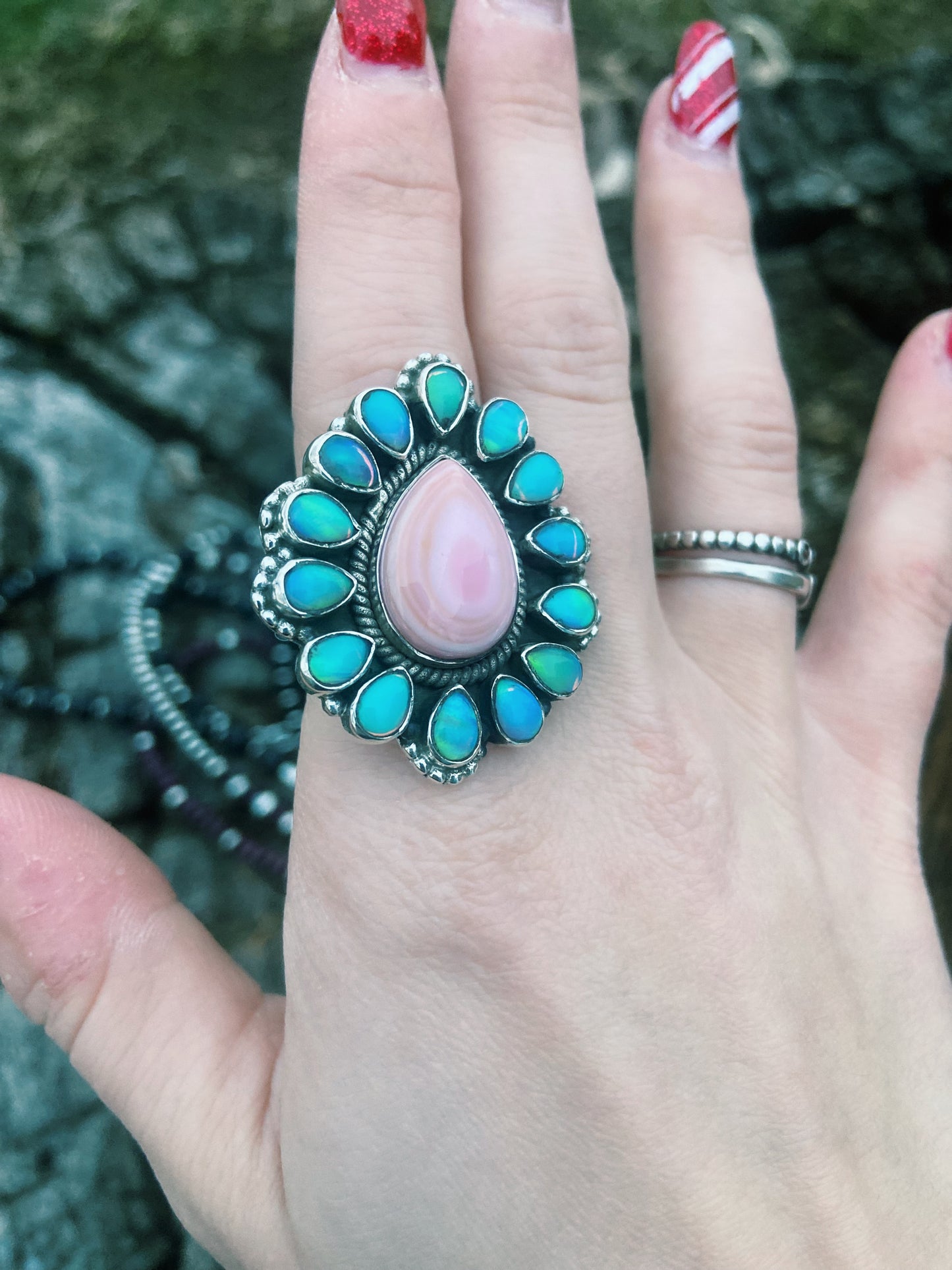 Pink Conch & Opal Adjustable Ring