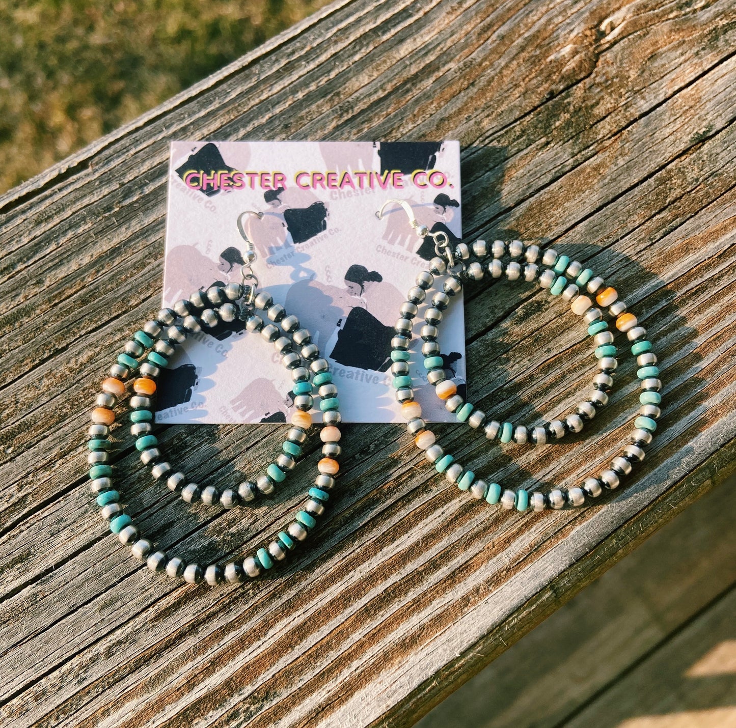 Double Hoop Real Navajo Pearl, Turquoise, & Orange Spiny Earrings