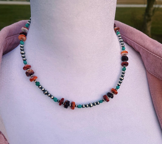 Turquoise/Spiny & Navajo Pearl Choker Necklace