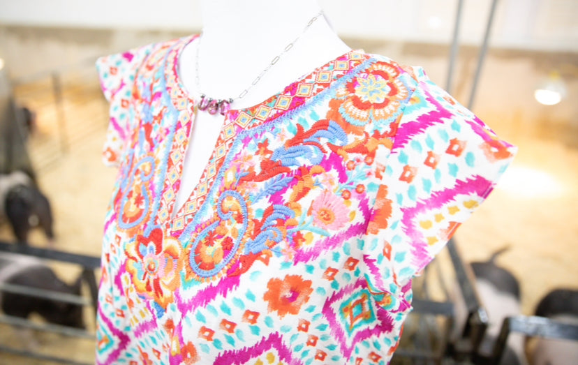 Pink & White Aztec Embroidered Ruffled Sleeve Top