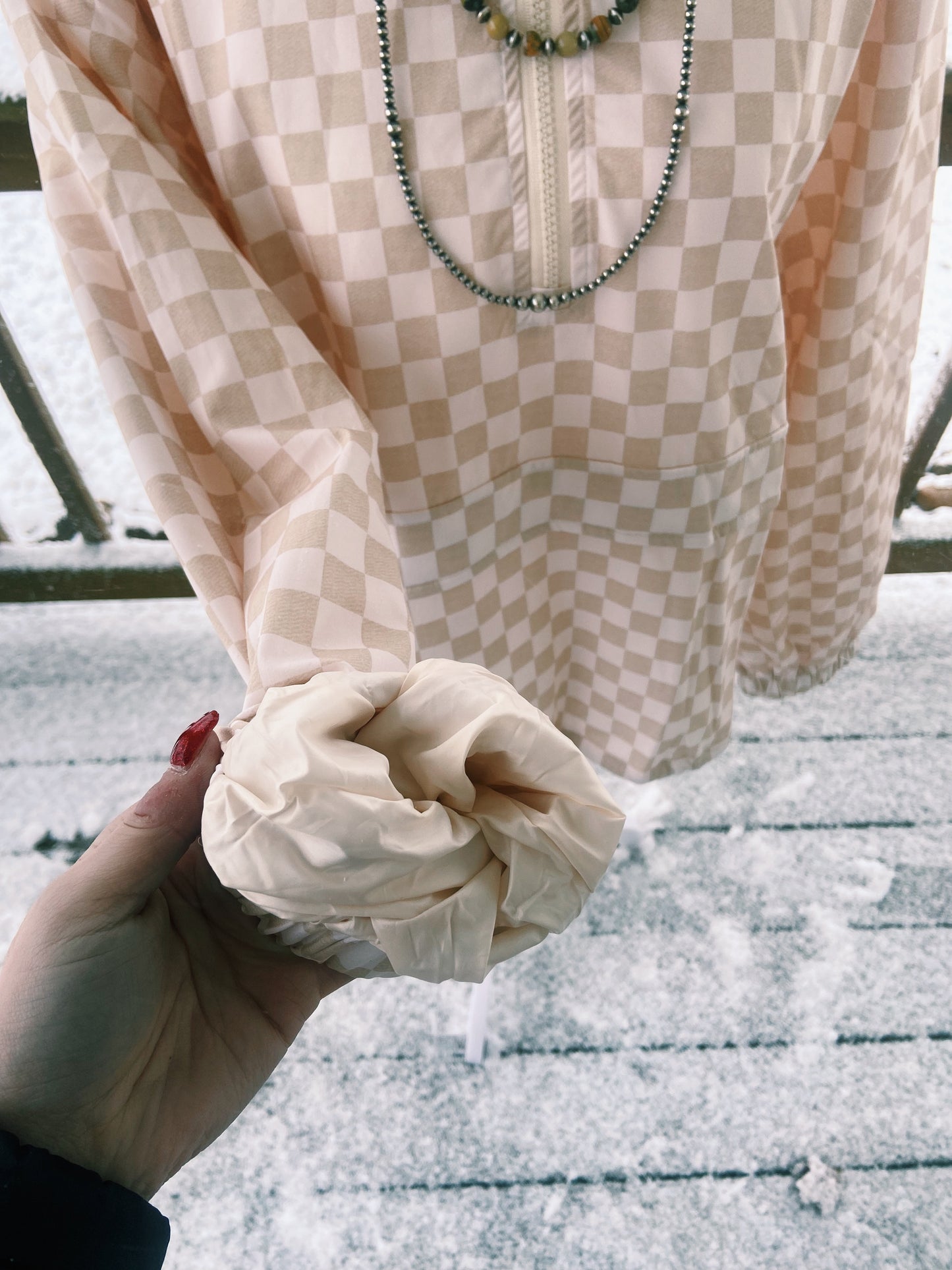 Cream & White Checkered Quarter Zip Jacket