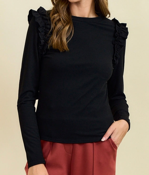 Black Suede Ruffled Long Sleeve Blouse