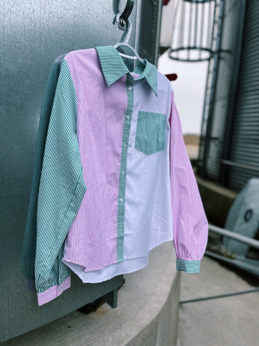 Multi Color Block Pastel Striped Stock Show Shirt - Green/White/Pink