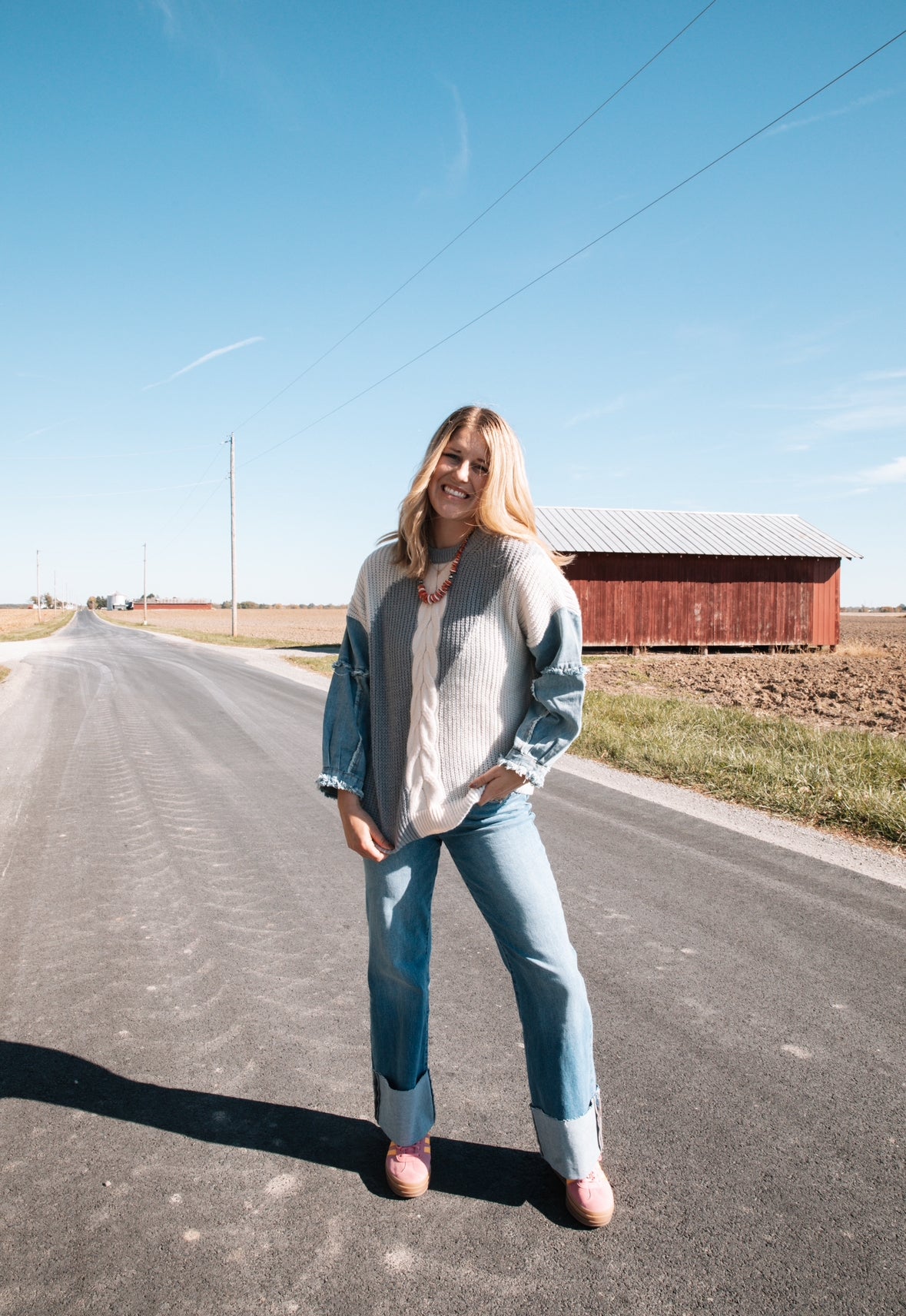 Frayed Denim Sleeved Colorblock Sweater Top