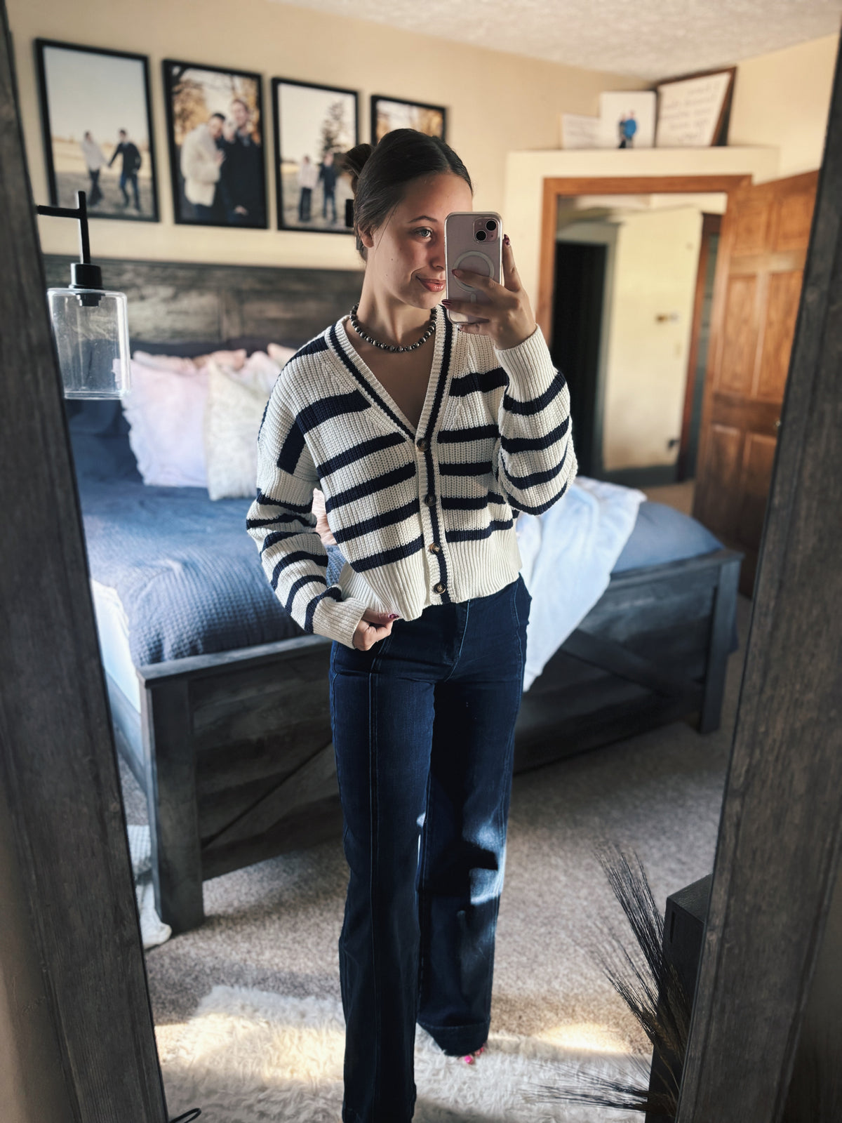 Navy & Cream V Neck Stripe Sweater Cardigan