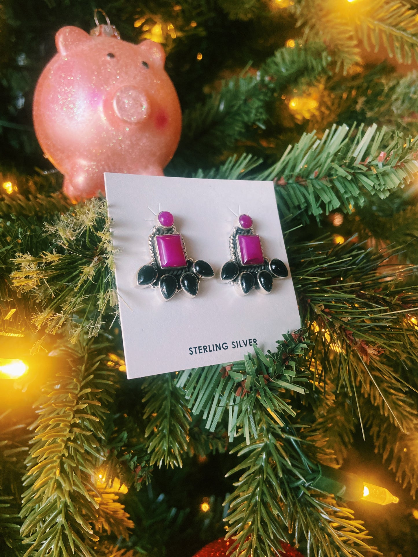 Black Onyx & Hot Pink Opal Stud Earrings