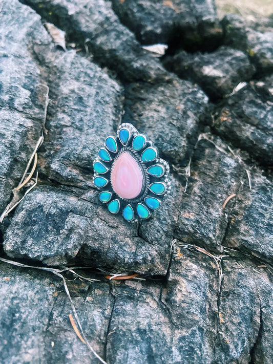 Pink Conch & Opal Adjustable Ring