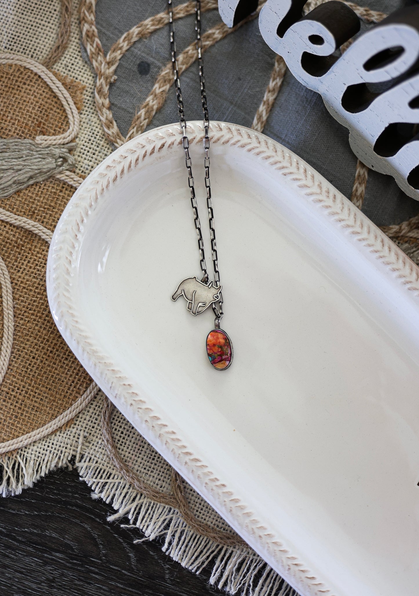 Pink Dahila Pig Charm Necklace