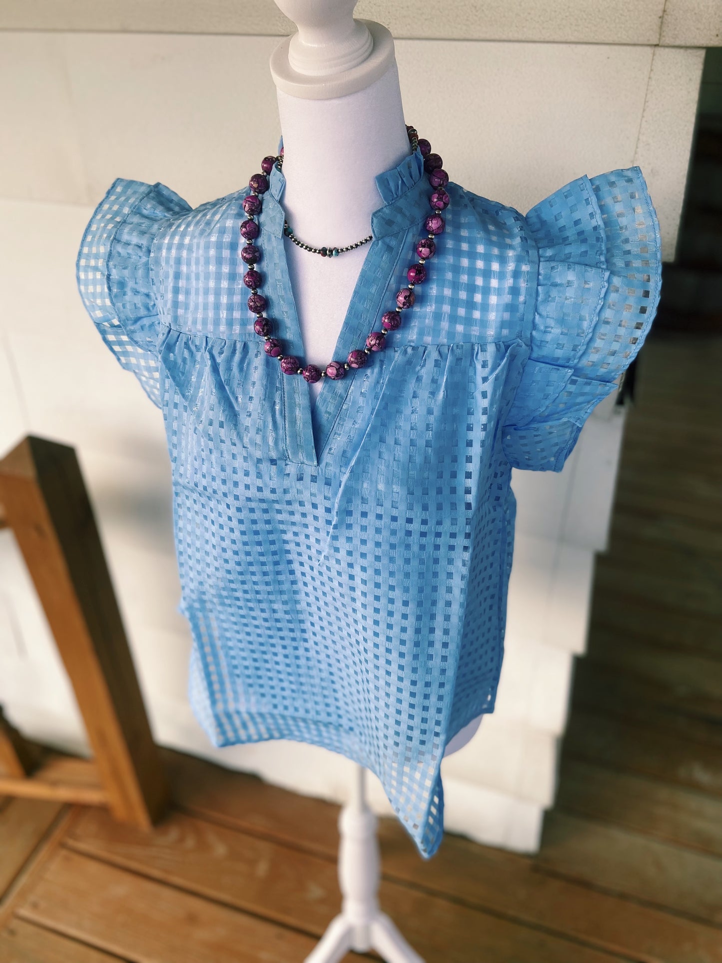 Sky Blue Grid Ruffled Sleeve Top