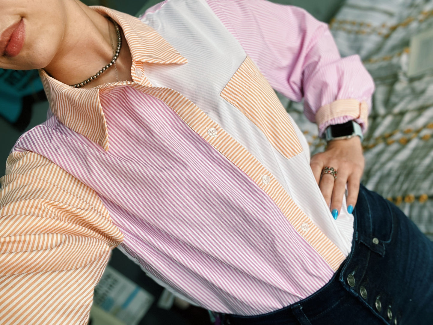 Multi Color Block Pastel Striped Stock Show Shirt - Orange/White/Pink